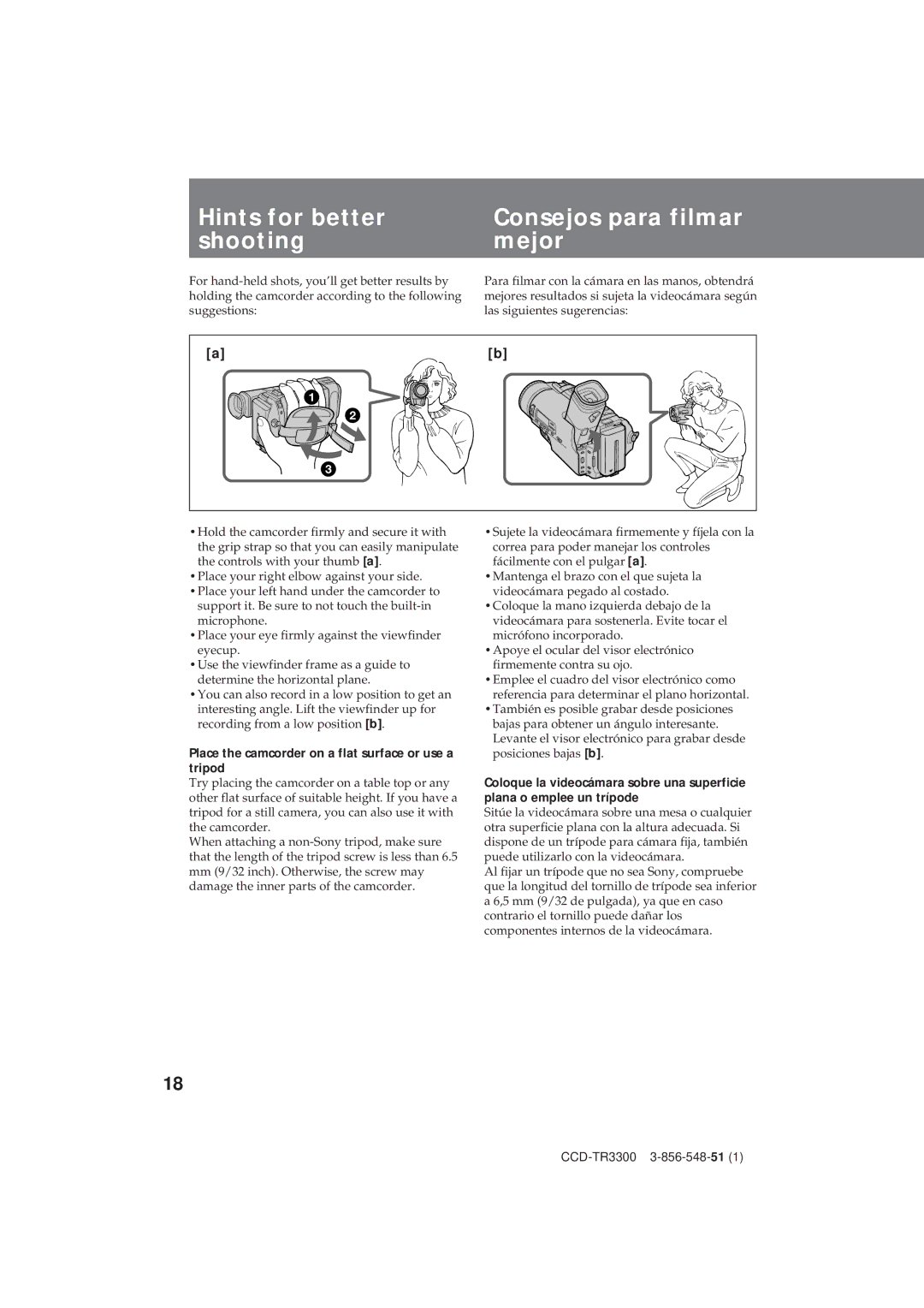 Sony CCD-TR3300 operating instructions Hints for better Consejos para filmar Shooting Mejor 