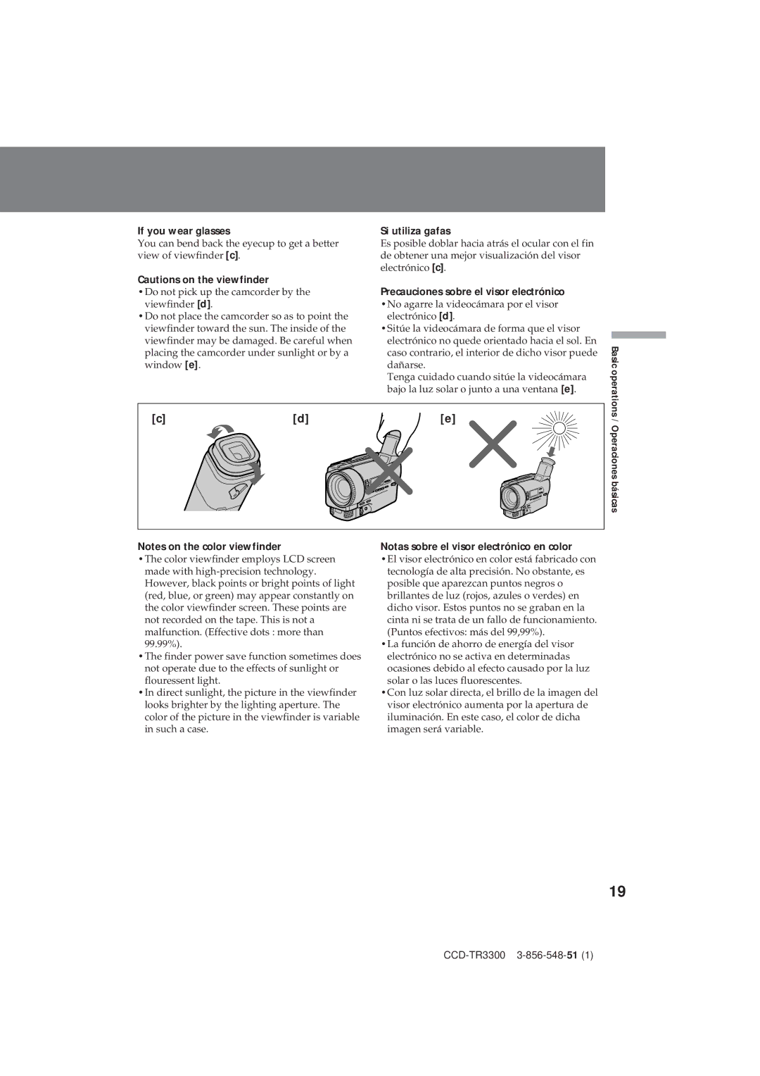 Sony CCD-TR3300 operating instructions If you wear glasses, Si utiliza gafas, Notas sobre el visor electrónico en color 