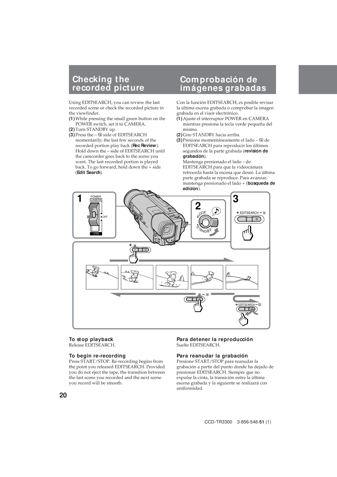 Sony CCD-TR3300 operating instructions Checking the recorded picture, Comprobación de imágenes grabadas 