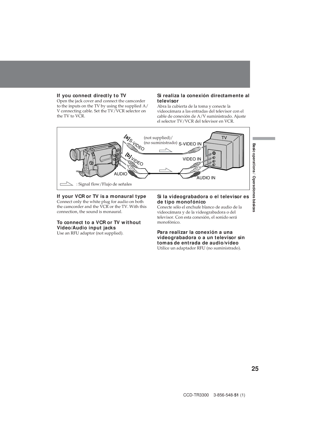 Sony CCD-TR3300 operating instructions Televisor, To connect to a VCR or TV without Video/Audio input jacks 