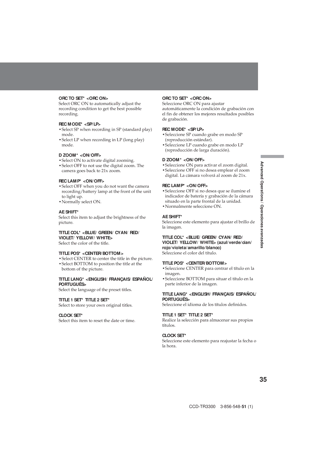 Sony CCD-TR3300 operating instructions AE Shift 