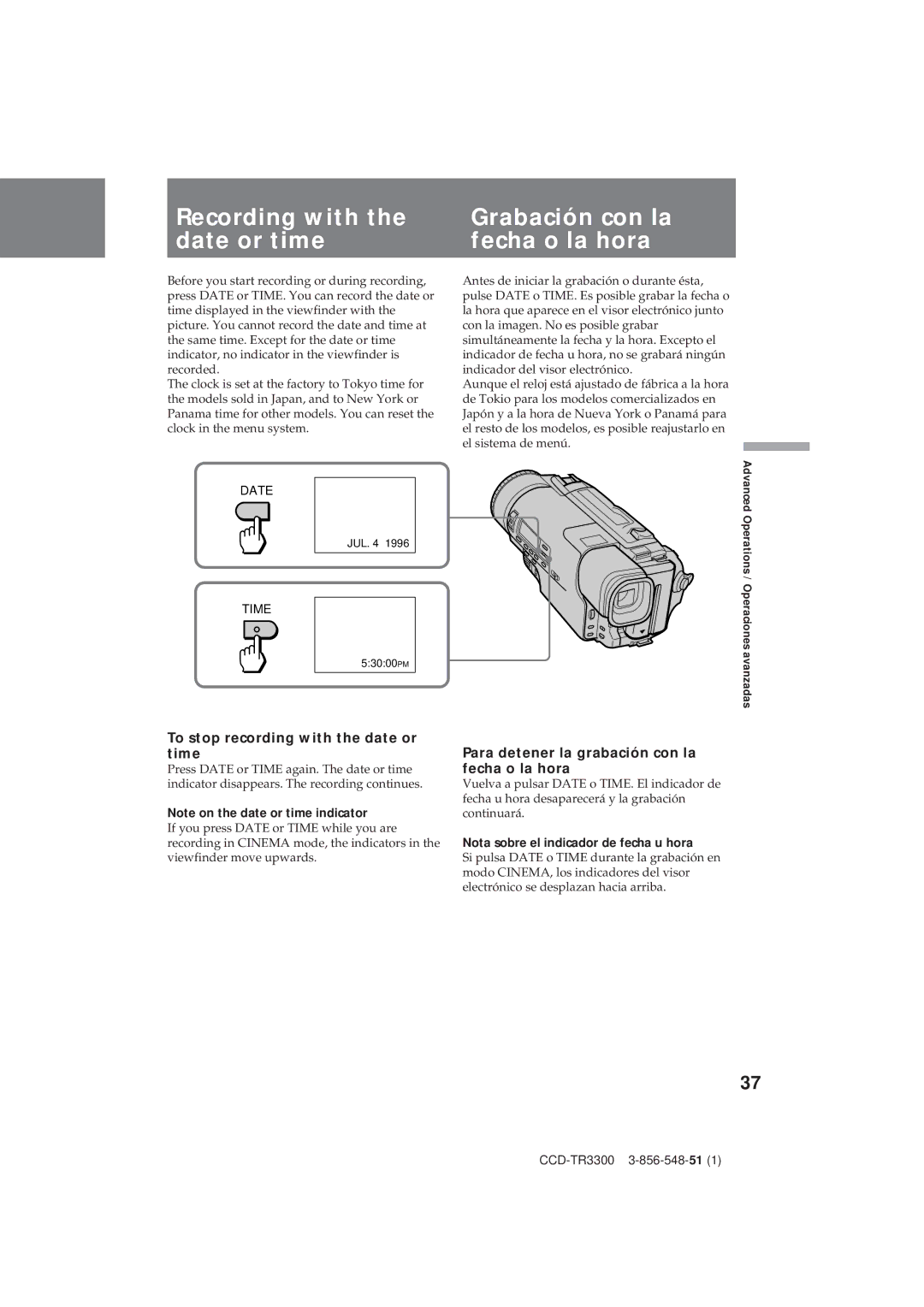 Sony CCD-TR3300 To stop recording with the date or time, Para detener la grabación con la fecha o la hora 