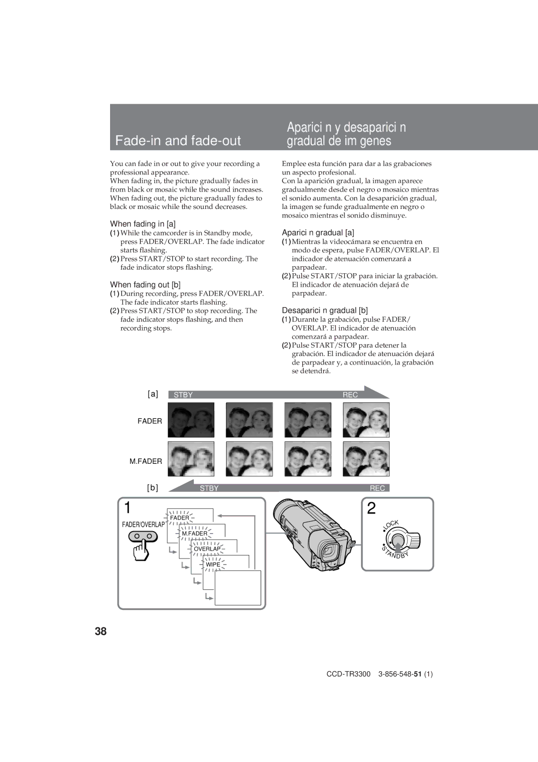 Sony CCD-TR3300 operating instructions Aparición y desaparición, Fade-in and fade-out Gradual de imágenes 