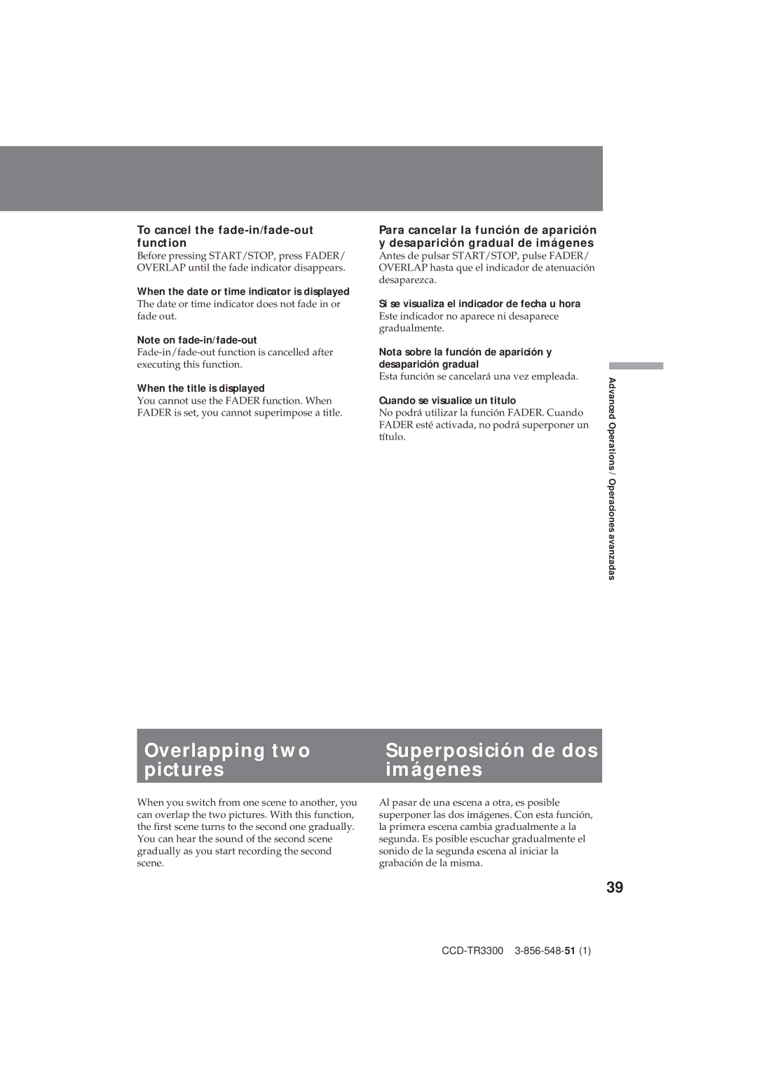 Sony CCD-TR3300 Overlapping two Superposición de dos Pictures Imágenes, To cancel the fade-in/fade-out function 