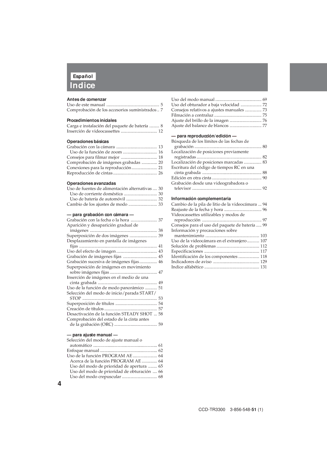 Sony CCD-TR3300 operating instructions Indice, Español 