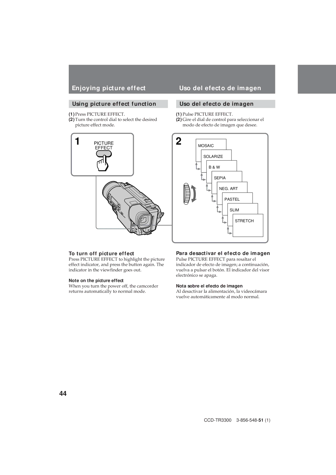 Sony CCD-TR3300 operating instructions Enjoying picture effect, Uso del efecto de imagen, Using picture effect function 