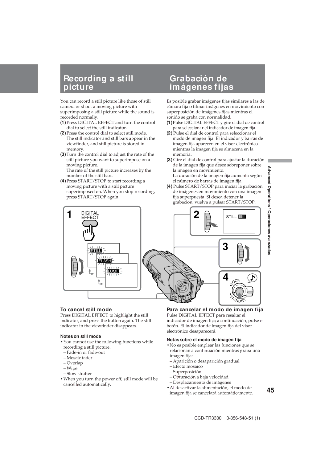 Sony CCD-TR3300 operating instructions Recording a still picture, Grabación de imágenes fijas, To cancel still mode 