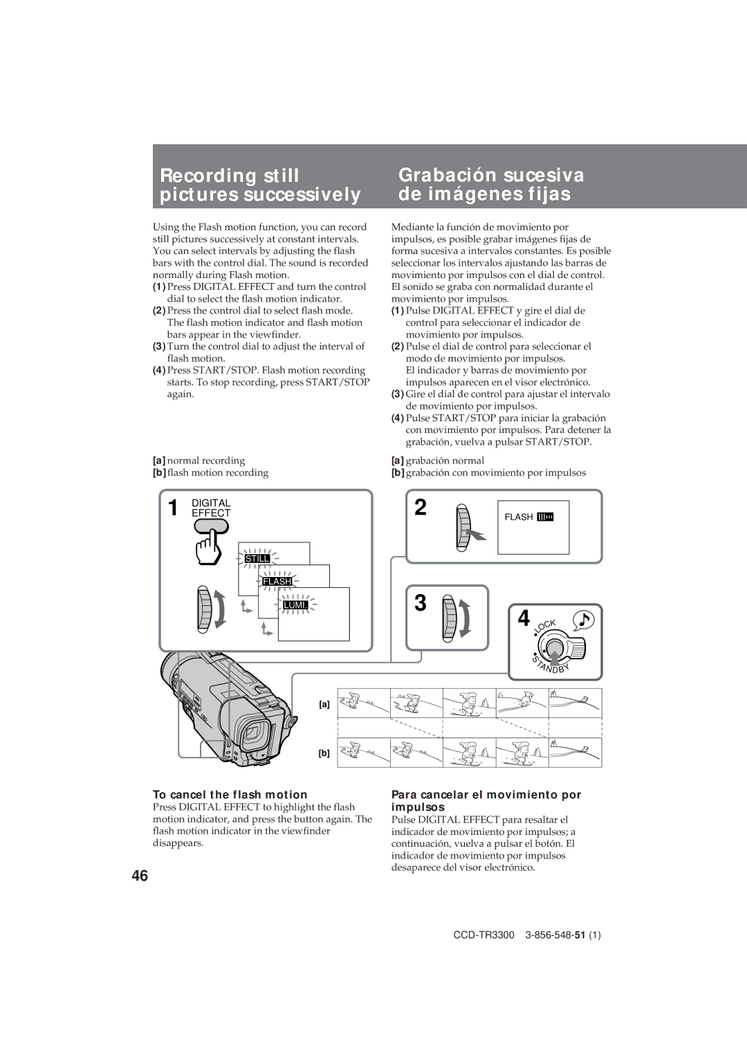 Sony CCD-TR3300 Recording still pictures successively, Grabación sucesiva de imágenes fijas, To cancel the flash motion 