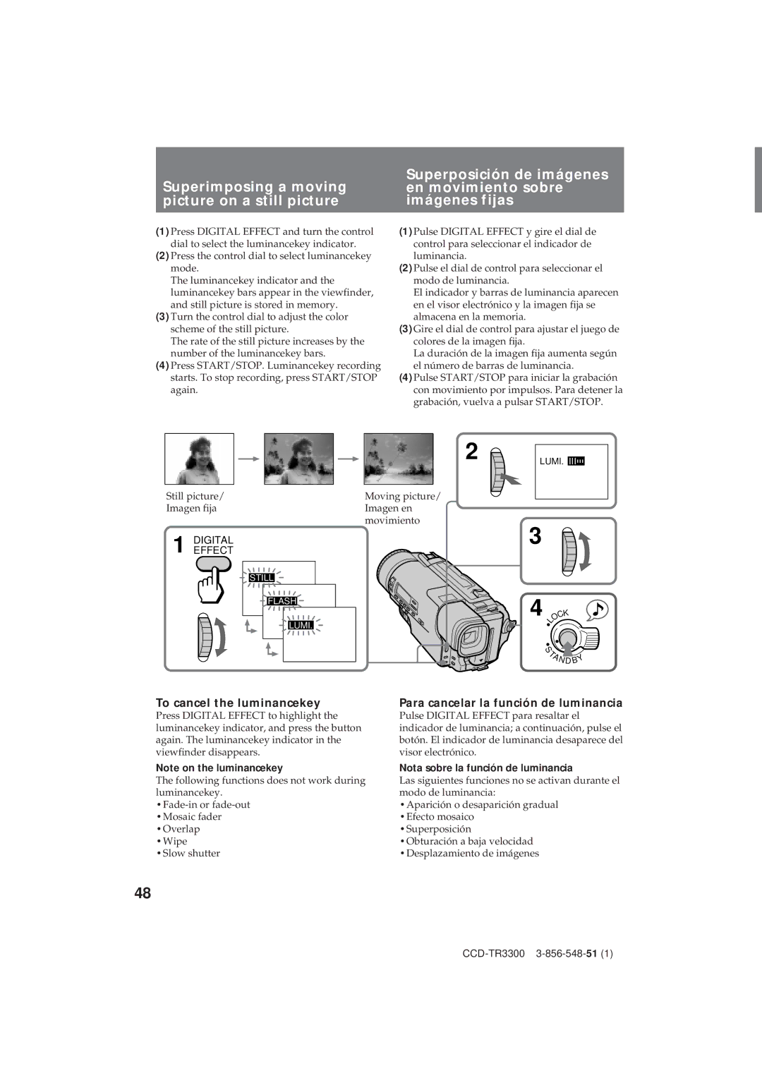 Sony CCD-TR3300 operating instructions Superimposing a moving picture on a still picture, To cancel the luminancekey 