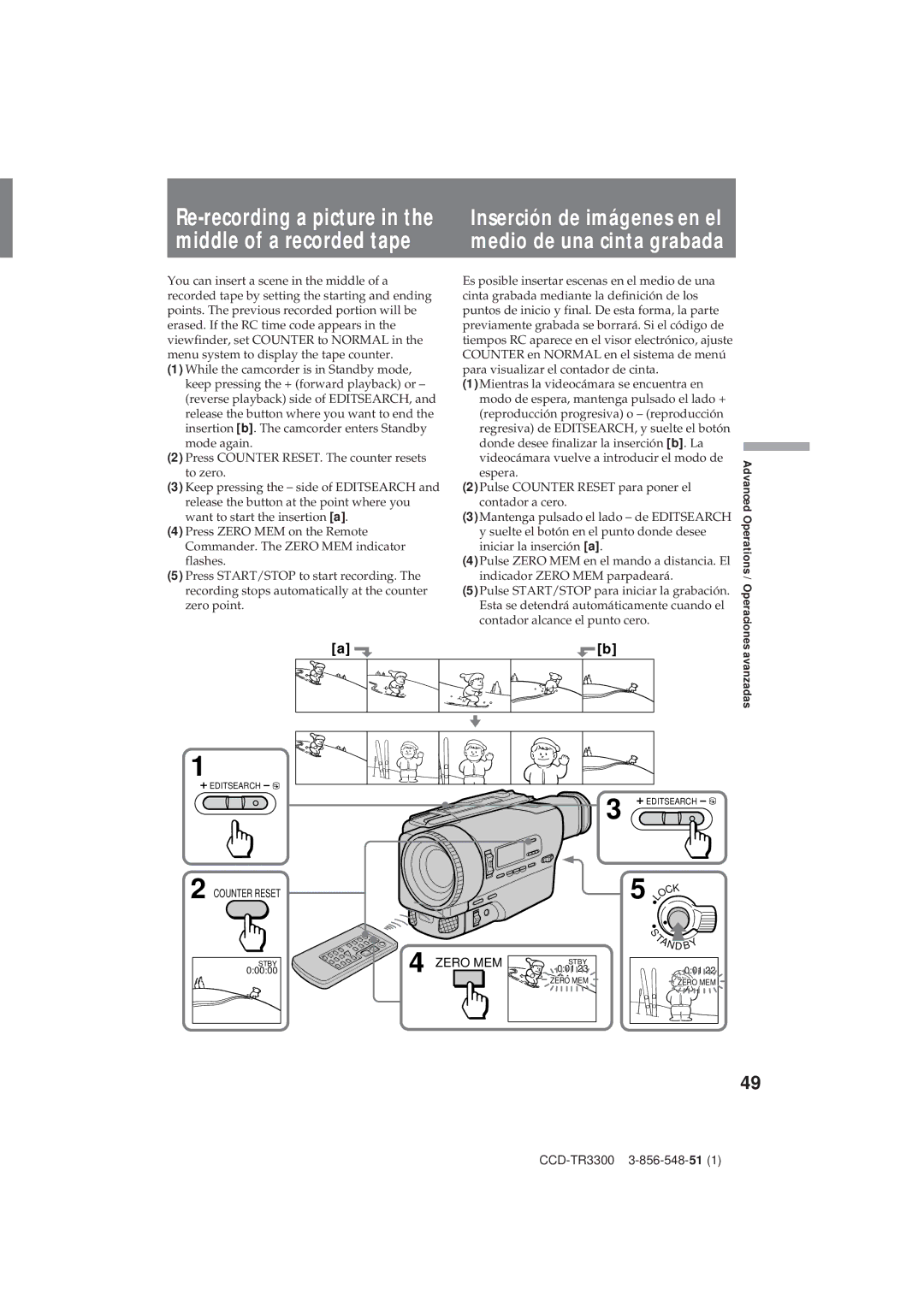 Sony CCD-TR3300 operating instructions Inserción de imágenes en el medio de una cinta grabada 