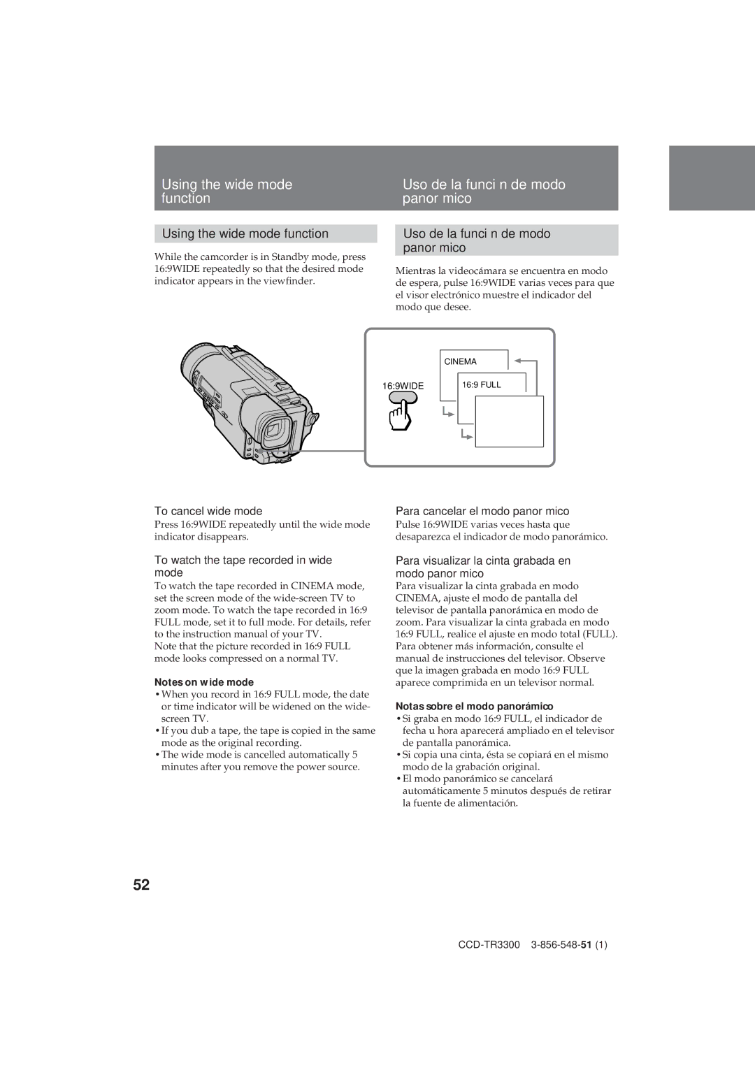 Sony CCD-TR3300 operating instructions Using the wide mode function, Uso de la función de modo panorámico 