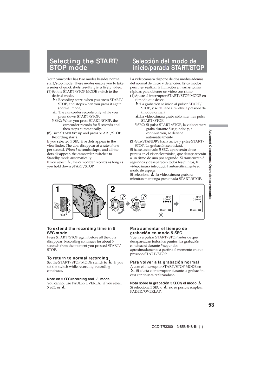 Sony CCD-TR3300 Selecting the START/ Stop mode, To extend the recording time in 5 SEC mode, To return to normal recording 