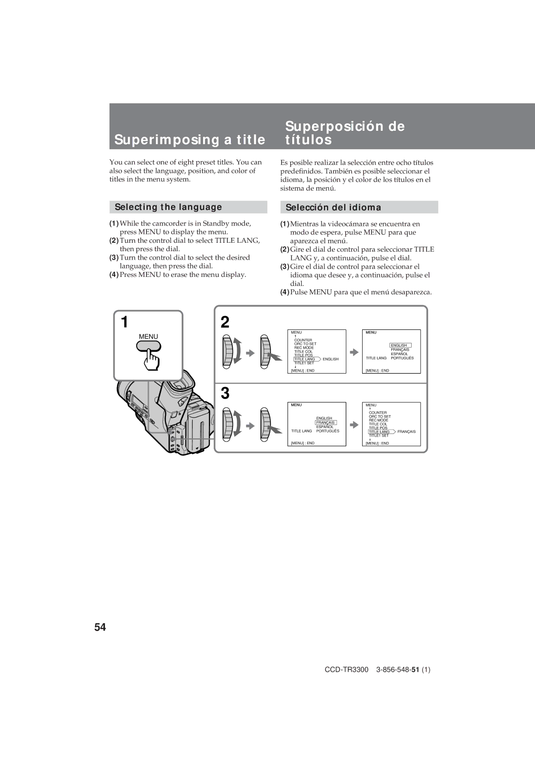 Sony CCD-TR3300 Superposición de Superimposing a title títulos, Selecting the language, Selección del idioma 