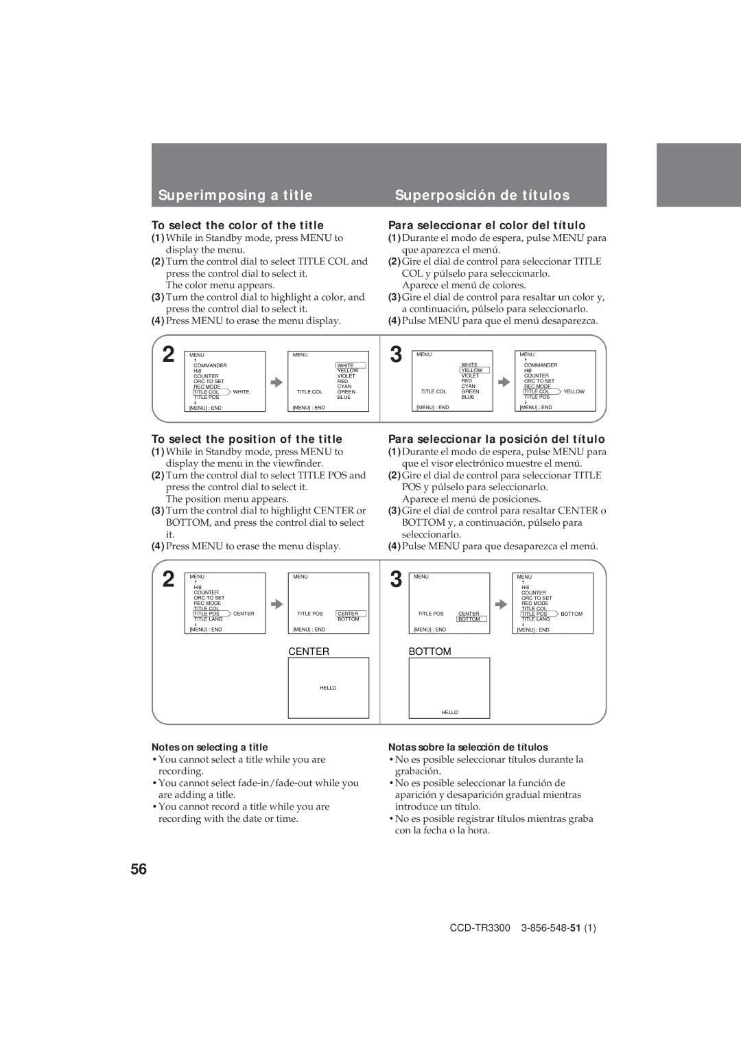 Sony CCD-TR3300 operating instructions Superimposing a title Superposición de títulos, To select the color of the title 