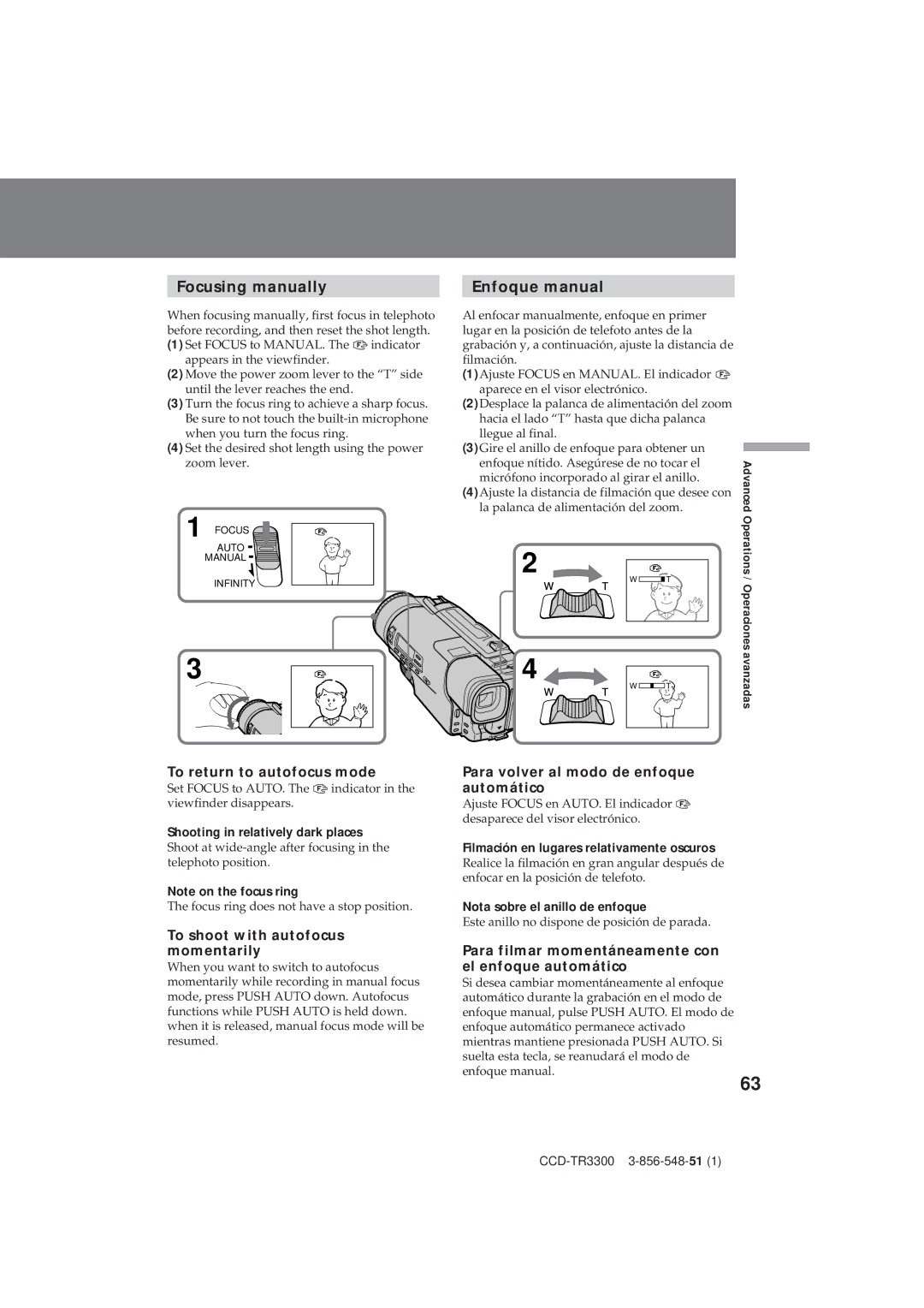 Sony CCD-TR3300 Focusing manually, Enfoque manual, To return to autofocus mode, To shoot with autofocus momentarily 