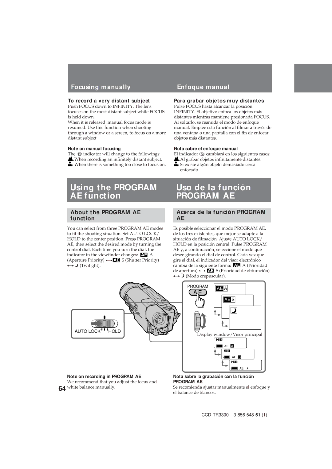 Sony CCD-TR3300 operating instructions Using the Program Uso de la función AE function, Focusing manually Enfoque manual 