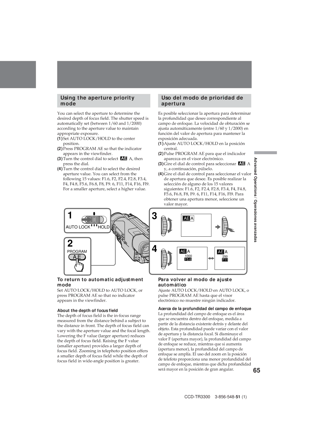 Sony CCD-TR3300 operating instructions To return to automatic adjustment mode, Para volver al modo de ajuste automático 