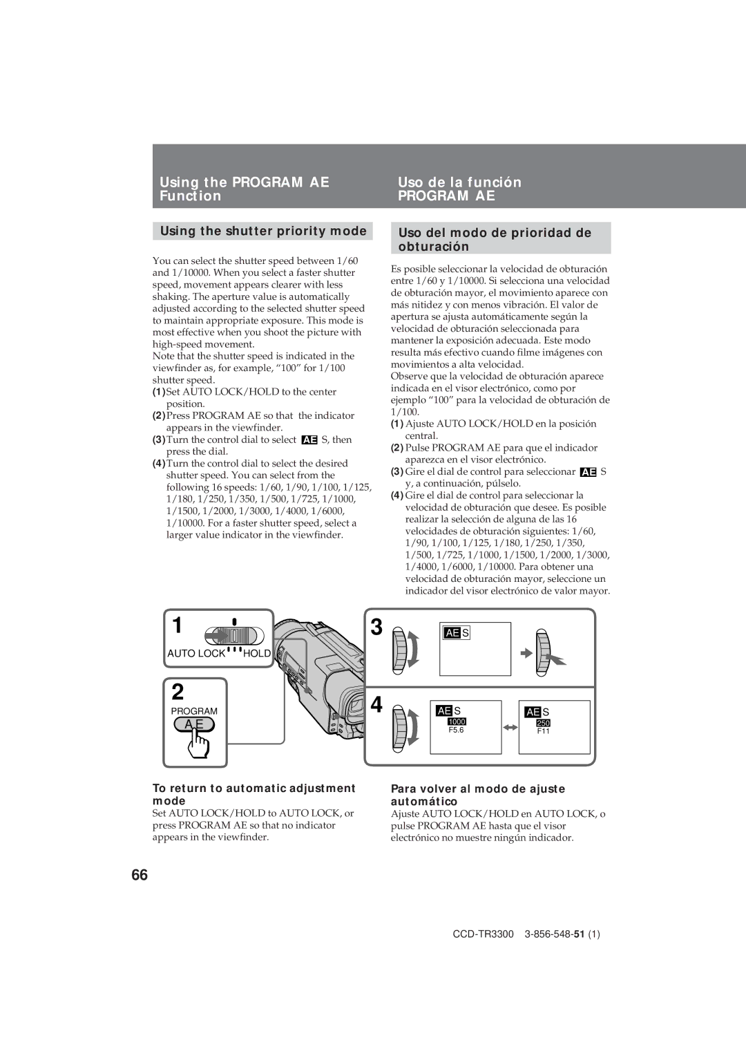 Sony CCD-TR3300 operating instructions Using the Program AE Uso de la función Function, Using the shutter priority mode 