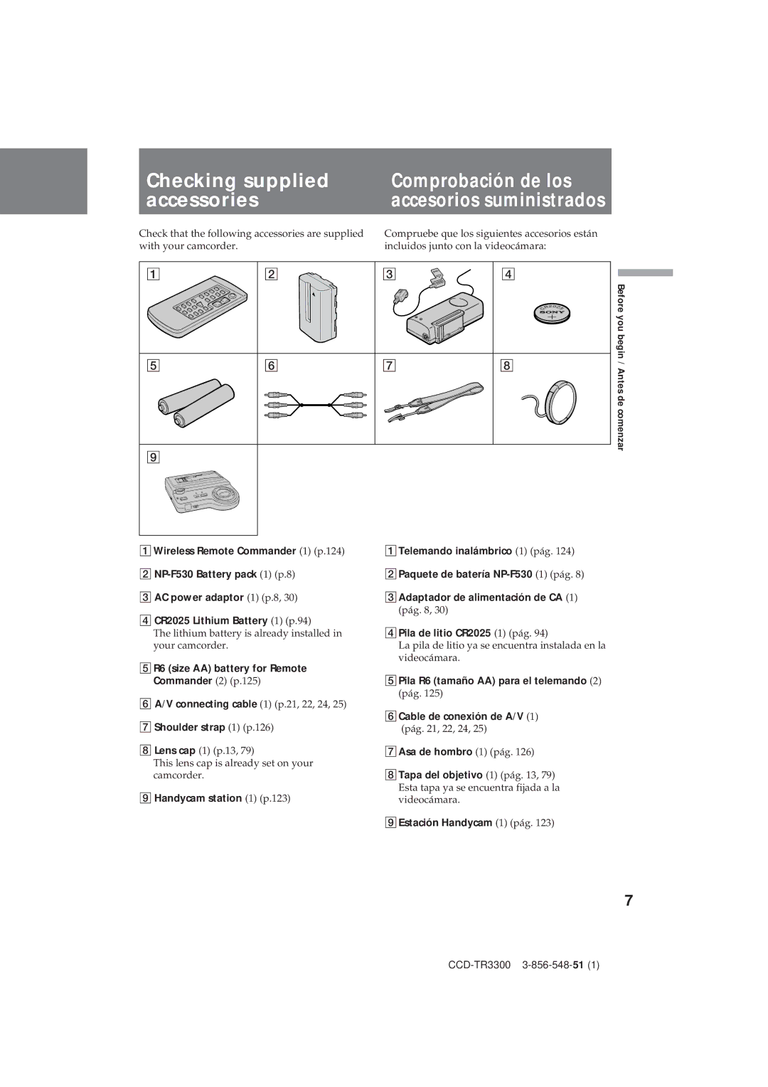 Sony CCD-TR3300 operating instructions Checking supplied Comprobación de los Accessories, Shoulder strap 1 p.126 