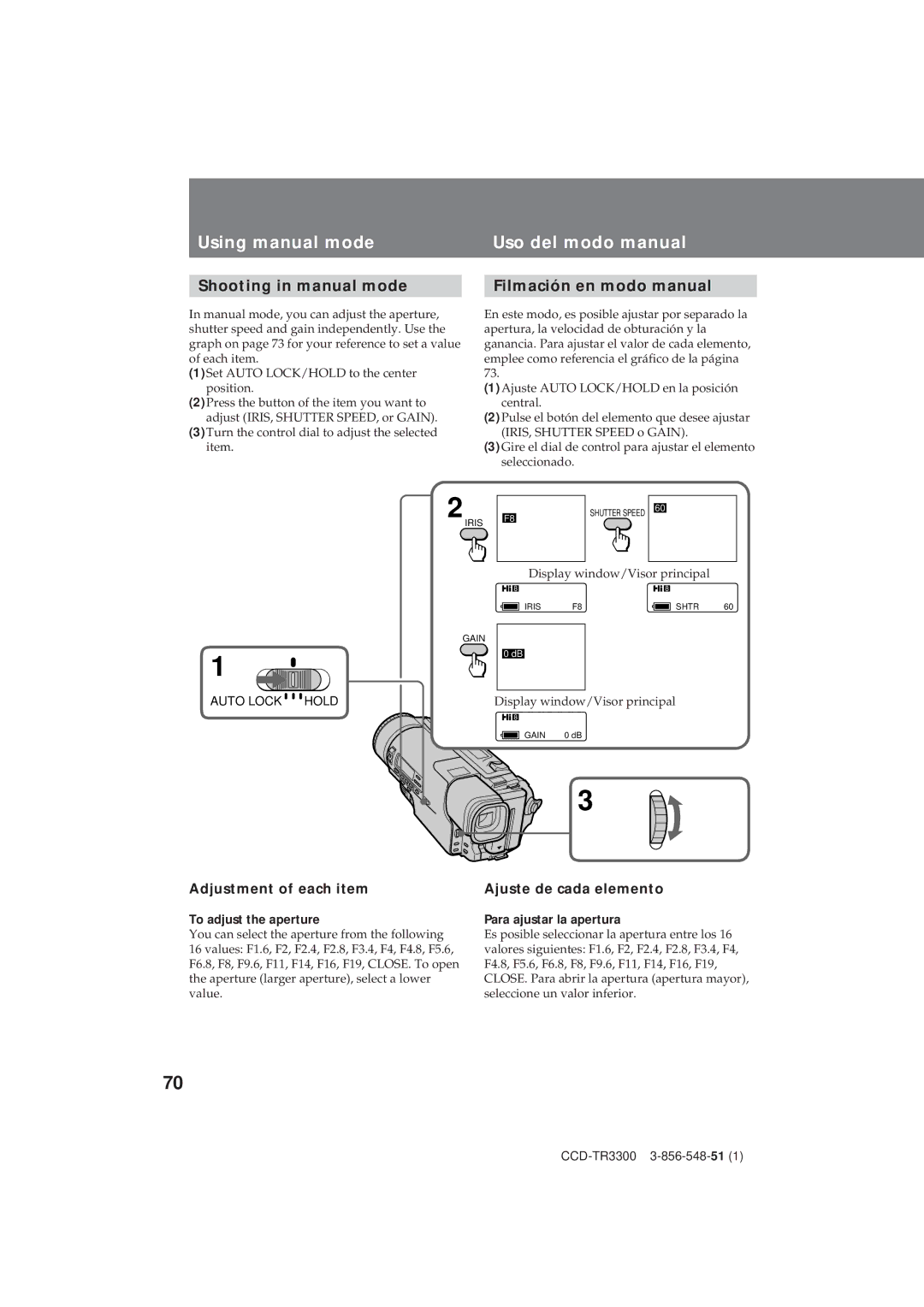 Sony CCD-TR3300 Using manual mode Uso del modo manual, Shooting in manual mode Filmación en modo manual 