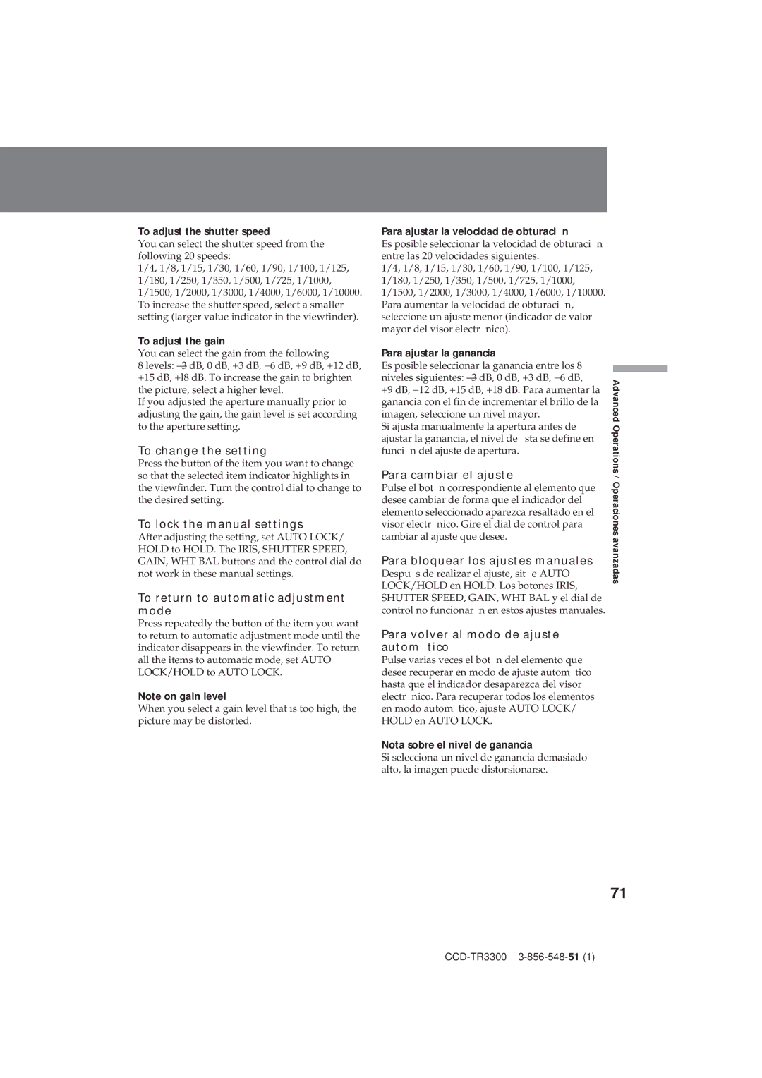 Sony CCD-TR3300 operating instructions To change the setting, To lock the manual settings, Para cambiar el ajuste 