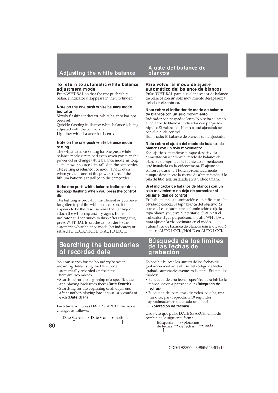 Sony CCD-TR3300 operating instructions Ajuste del balance de Adjusting the white balance Blancos 