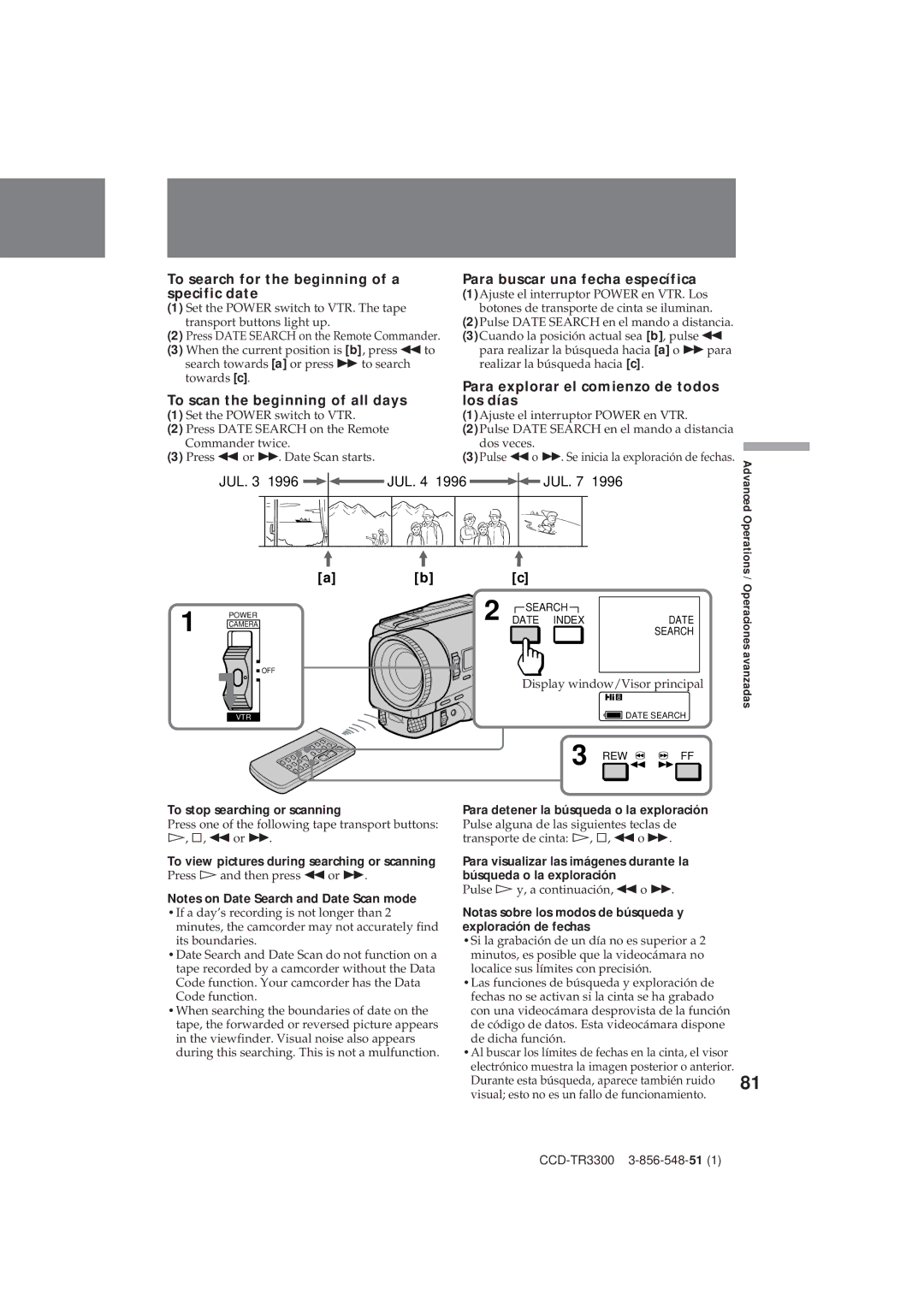 Sony CCD-TR3300 operating instructions To search for the beginning of a specific date, To scan the beginning of all days 