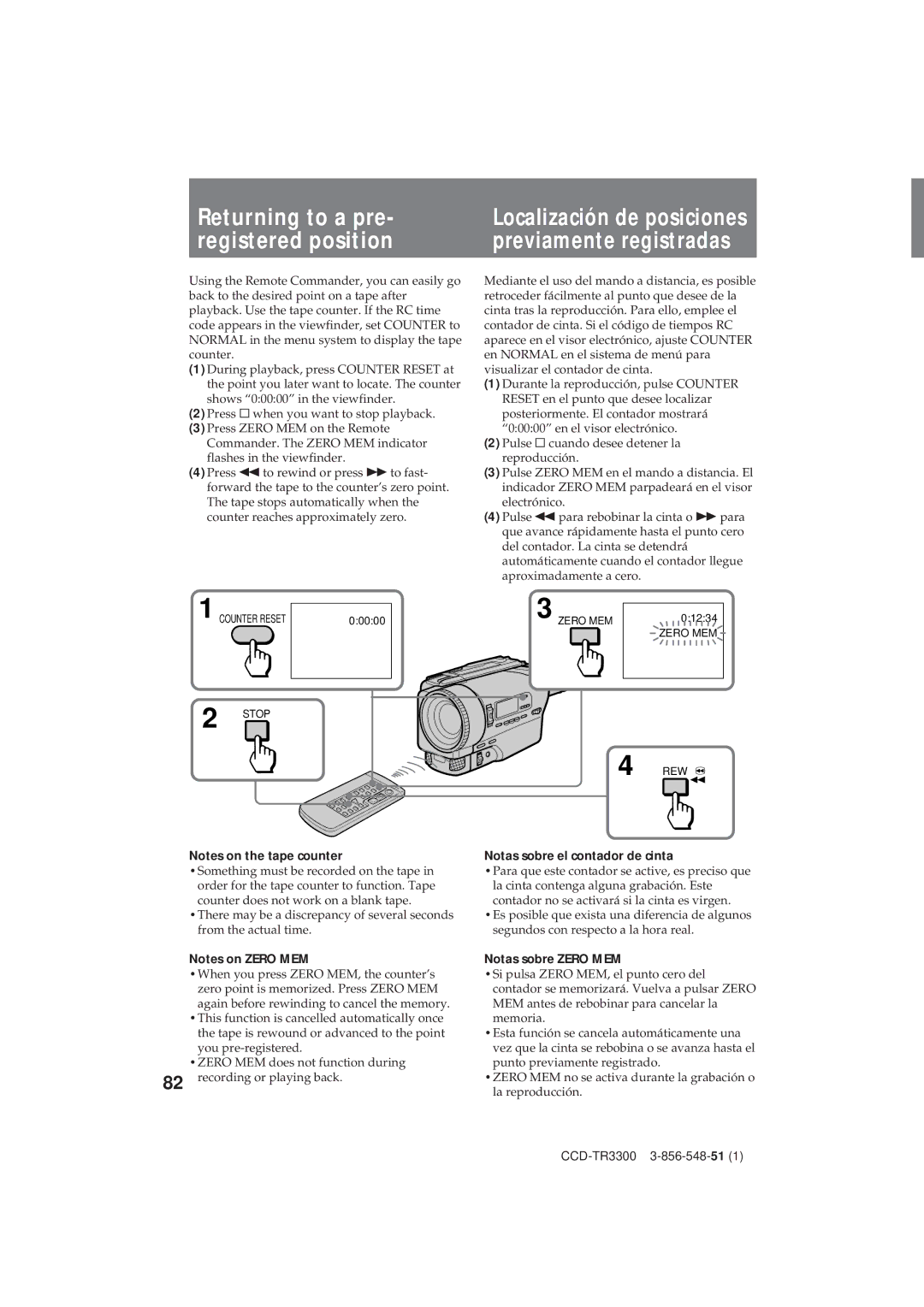 Sony CCD-TR3300 operating instructions Returning to a pre, Registered position, Notas sobre Zero MEM 