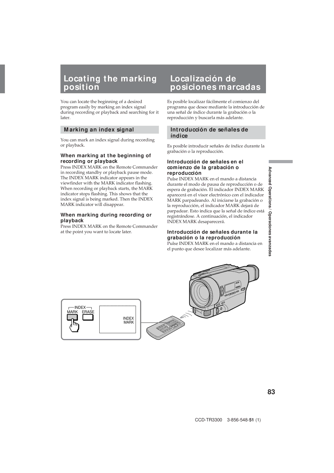 Sony CCD-TR3300 Marking an index signal, Introducción de señales de índice, When marking during recording or playback 