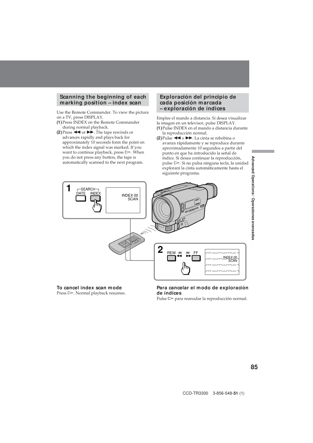 Sony CCD-TR3300 operating instructions Scanning the beginning of each marking position index scan, De índices 