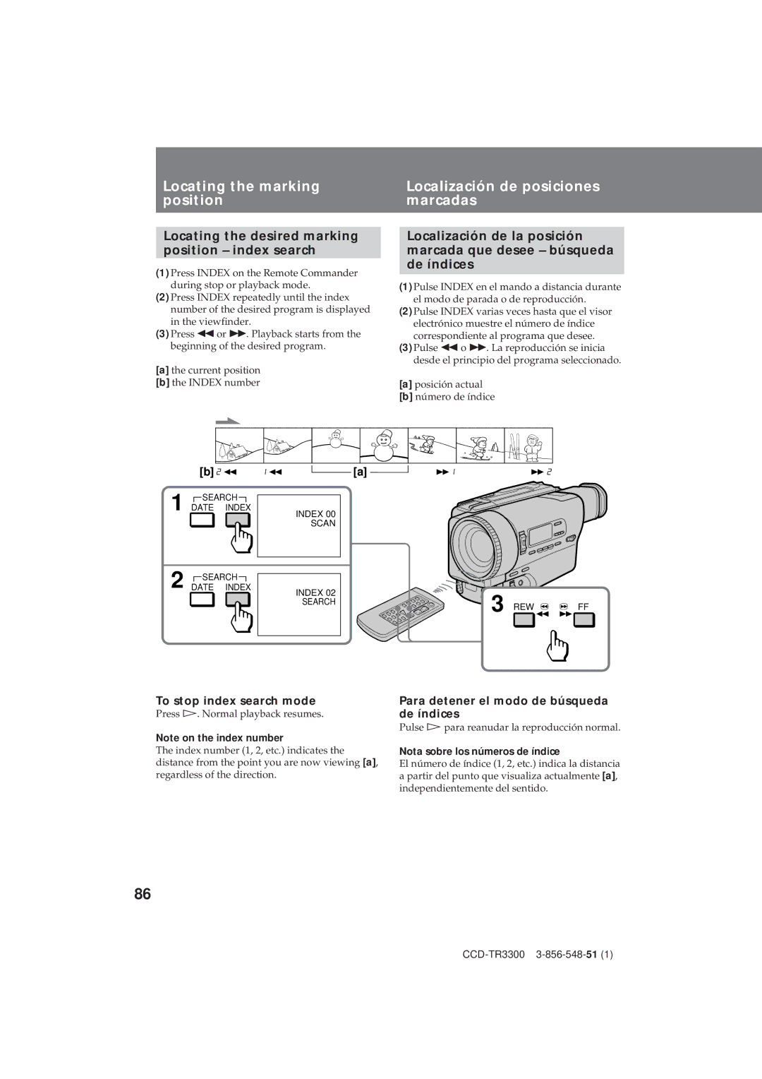 Sony CCD-TR3300 Locating the marking position, Localización de posiciones marcadas, To stop index search mode 