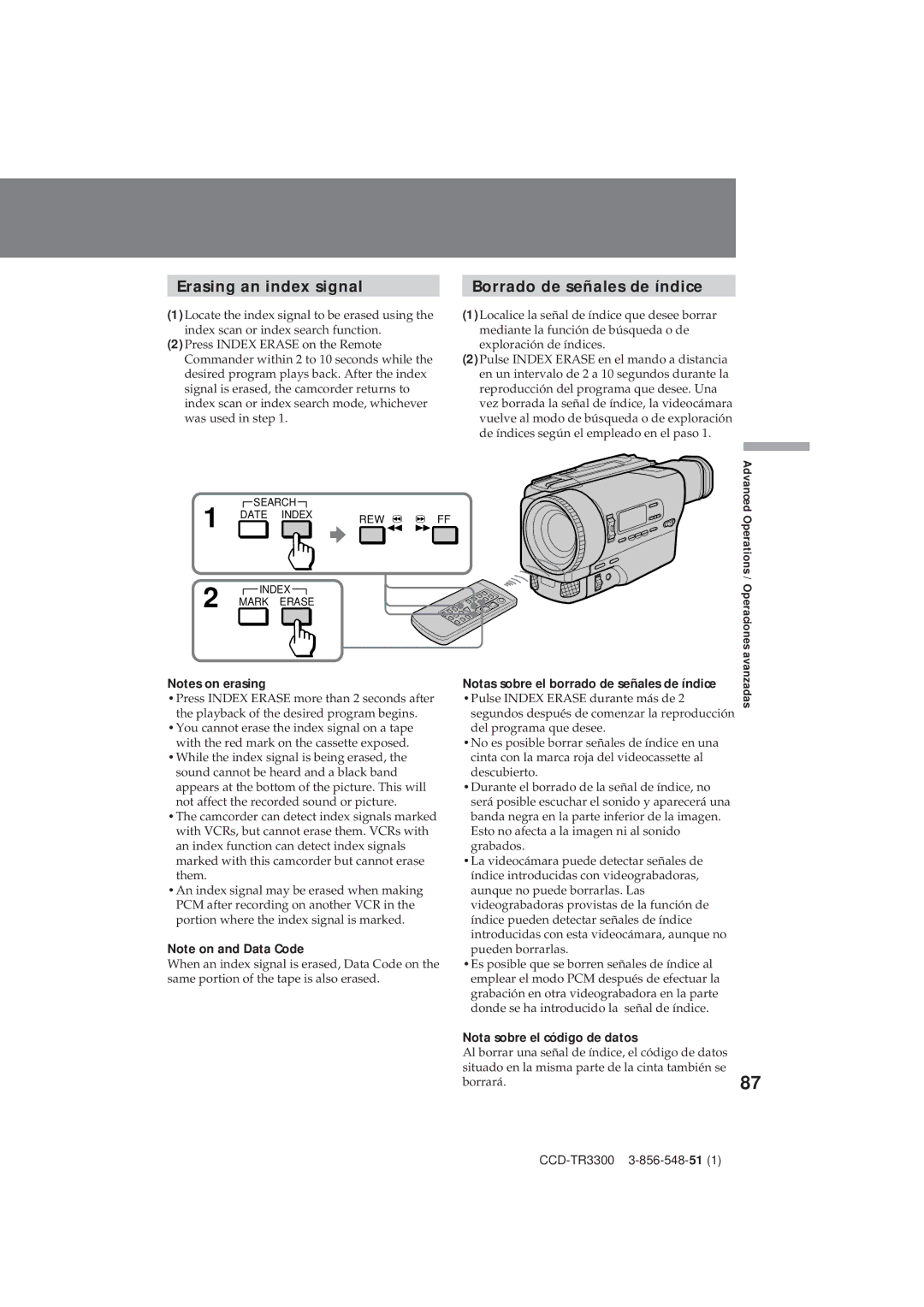 Sony CCD-TR3300 operating instructions Erasing an index signal Borrado de señales de índice, Nota sobre el código de datos 