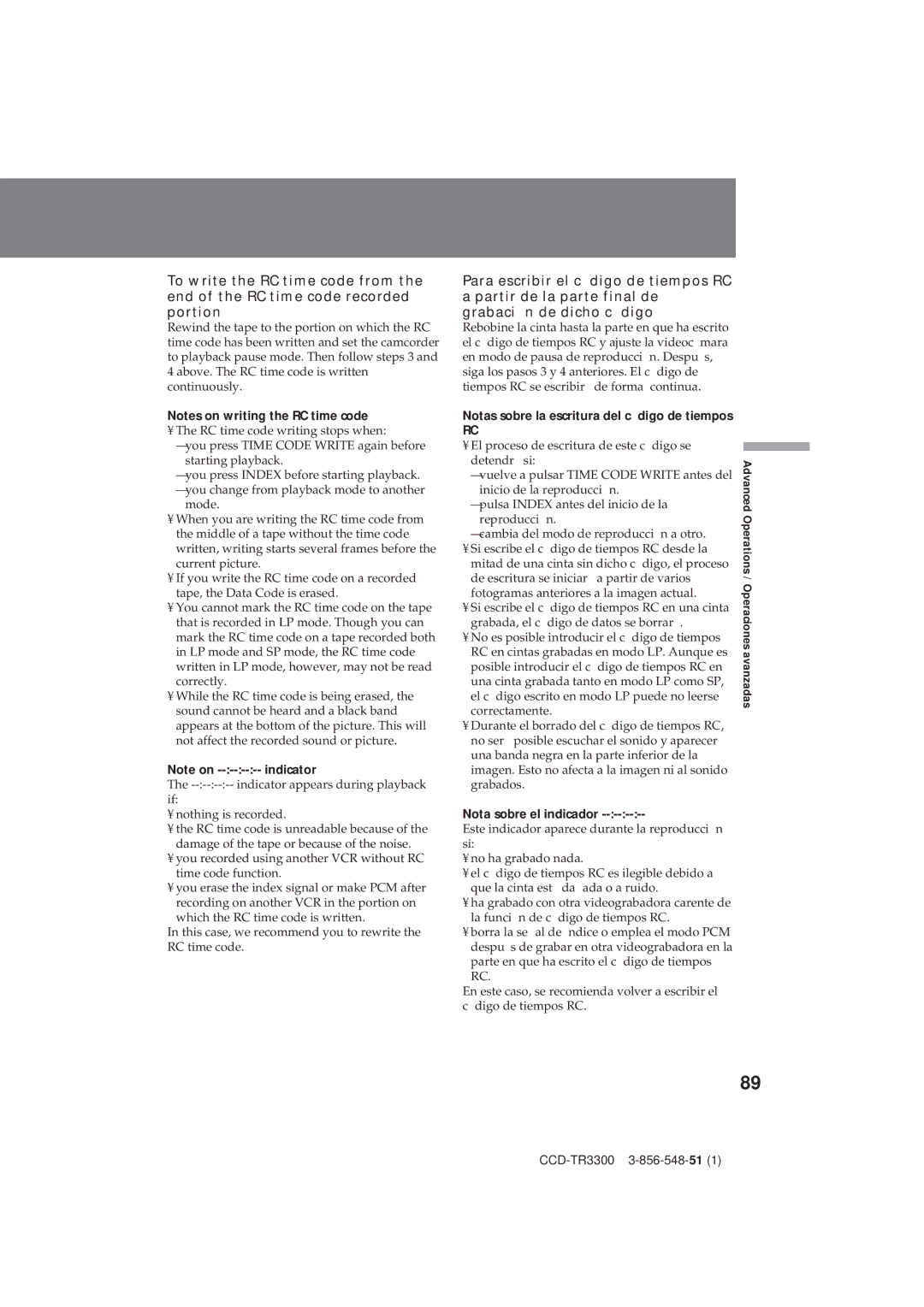 Sony CCD-TR3300 operating instructions Nota sobre el indicador 