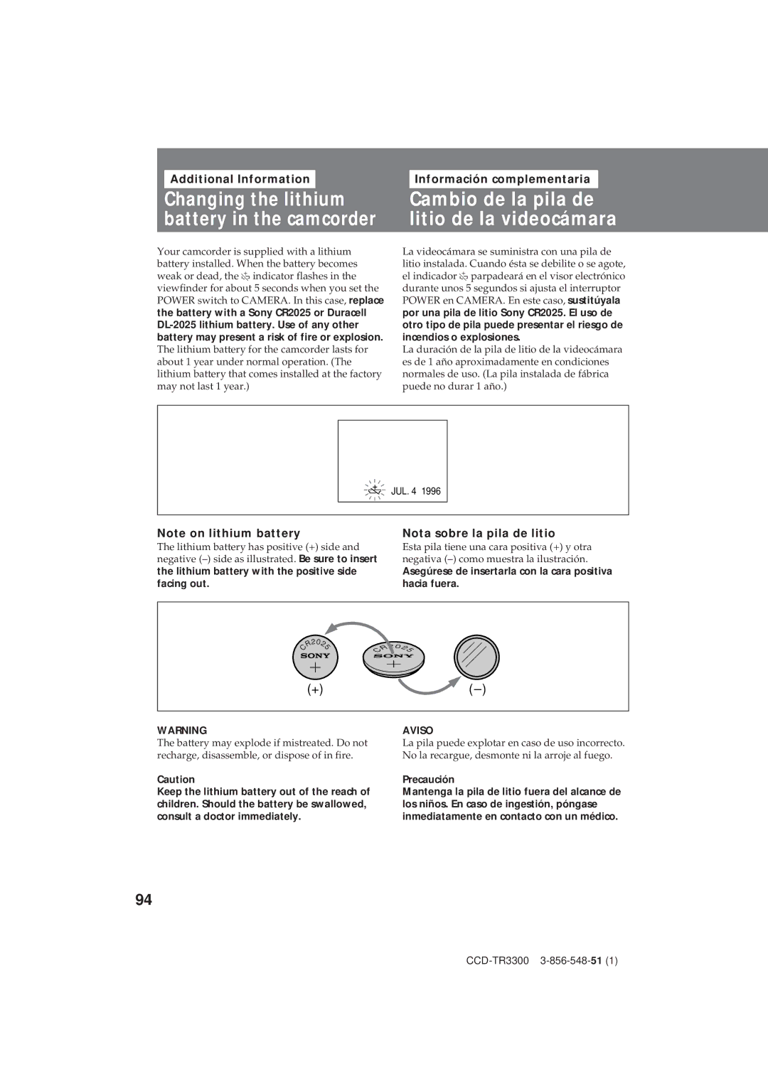 Sony CCD-TR3300 Cambio de la pila de litio de la videocámara, Additional Information, Información complementaria 