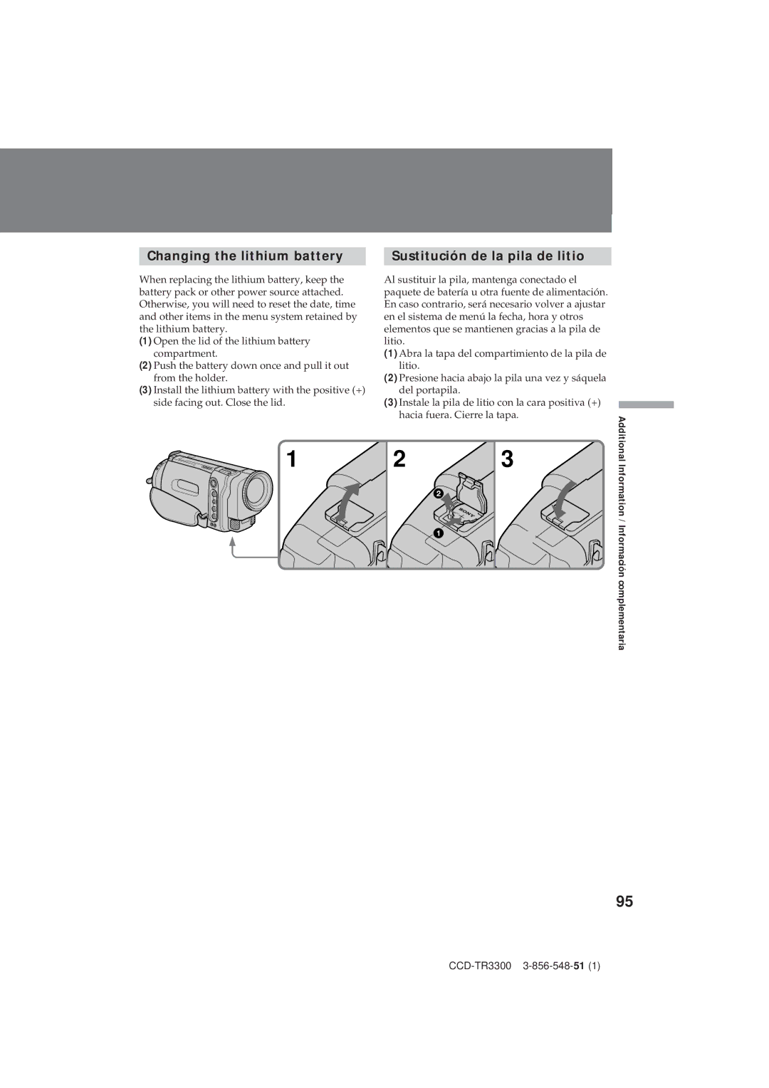 Sony CCD-TR3300 operating instructions Changing the lithium battery, Sustitución de la pila de litio 