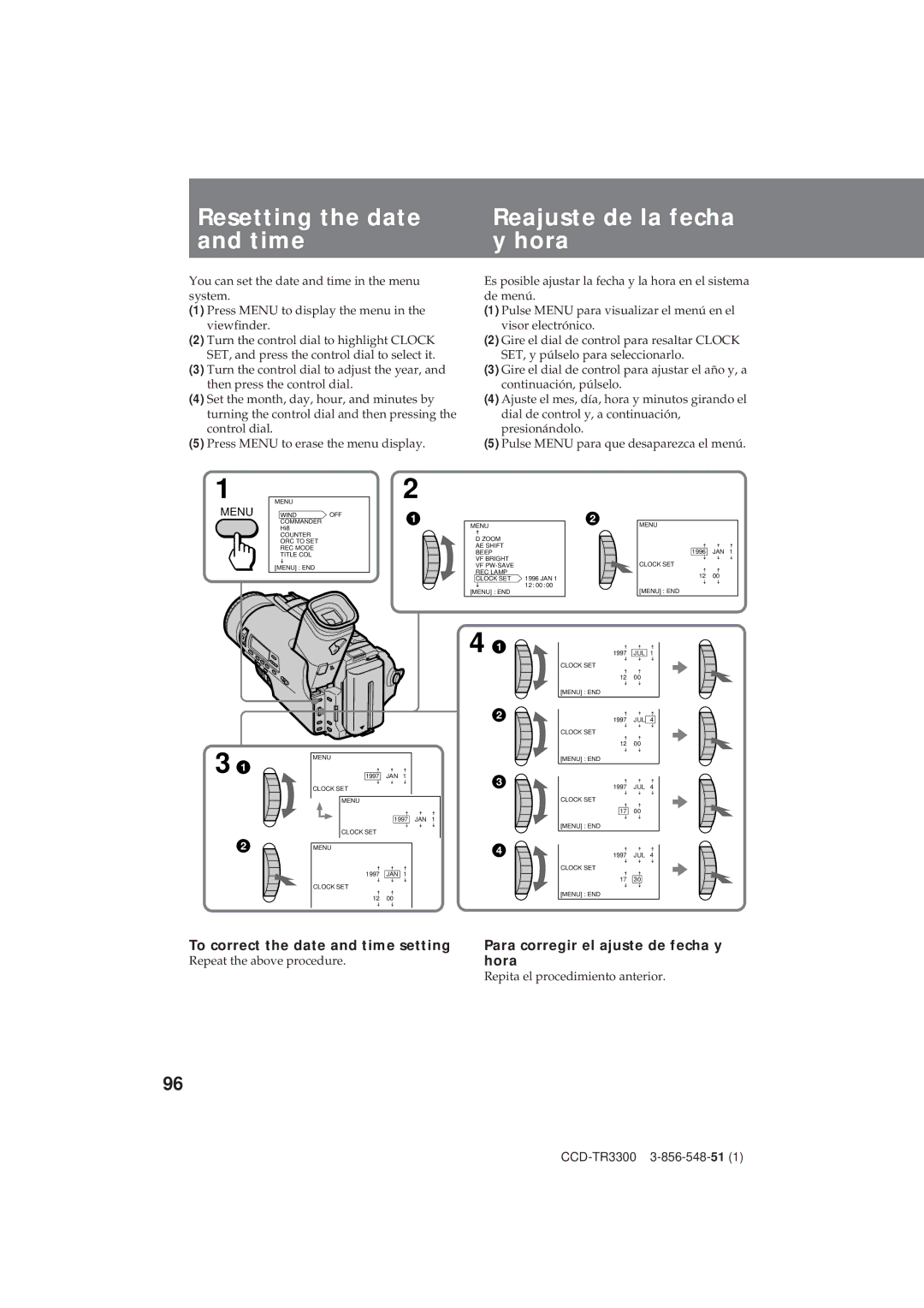 Sony CCD-TR3300 operating instructions Resetting the date Reajuste de la fecha Time Hora 