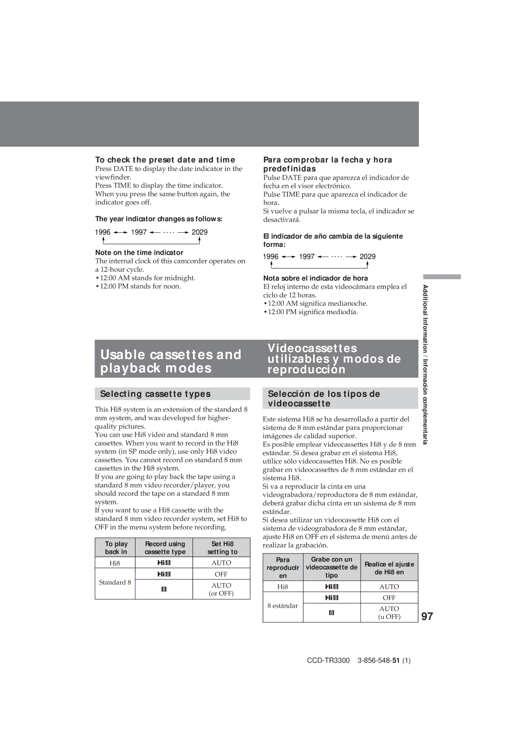 Sony CCD-TR3300 Usable cassettes and playback modes, Selecting cassette types, Selección de los tipos de, Videocassette 