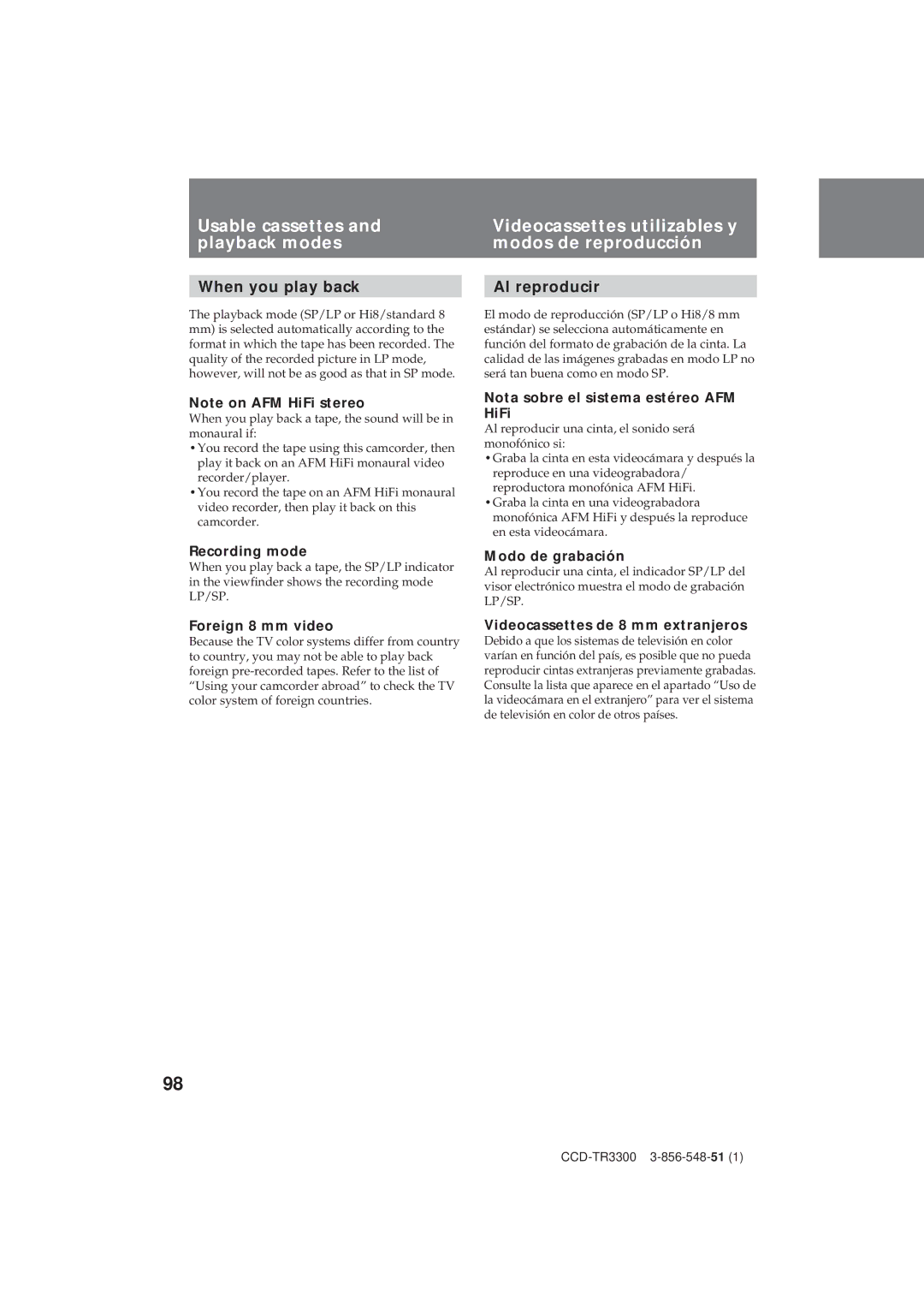 Sony CCD-TR3300 Recording mode, Foreign 8 mm video, Nota sobre el sistema estéreo AFM HiFi, Modo de grabación 