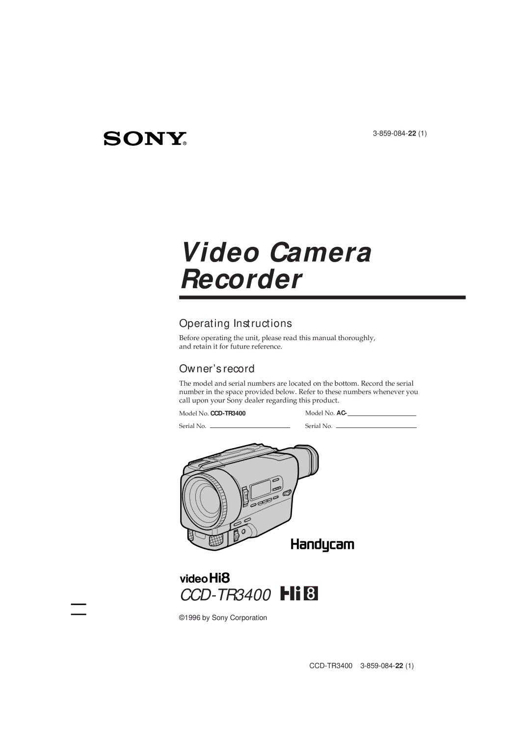 Sony CCD-TR3400 operating instructions Video Camera Recorder 