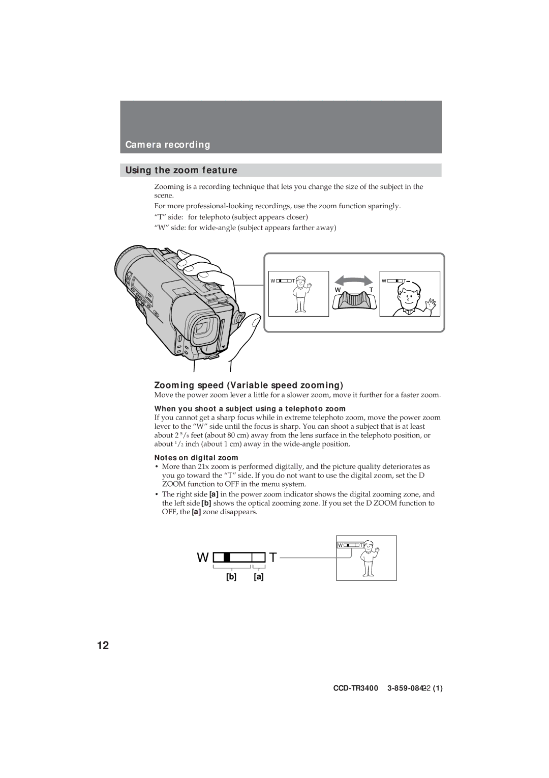 Sony CCD-TR3400 operating instructions Using the zoom feature, Zooming speed Variable speed zooming 