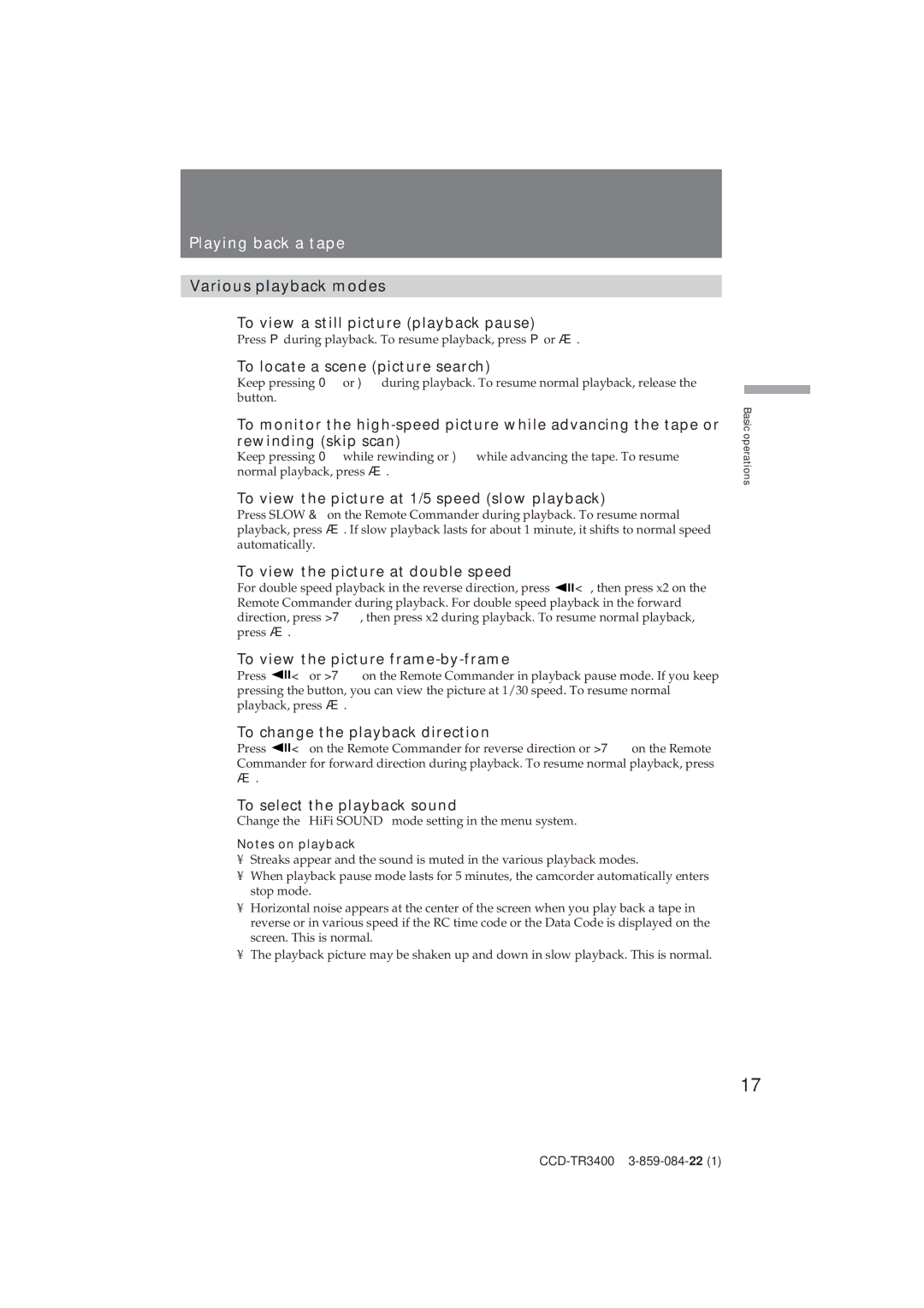 Sony CCD-TR3400 operating instructions Playing back a tape 