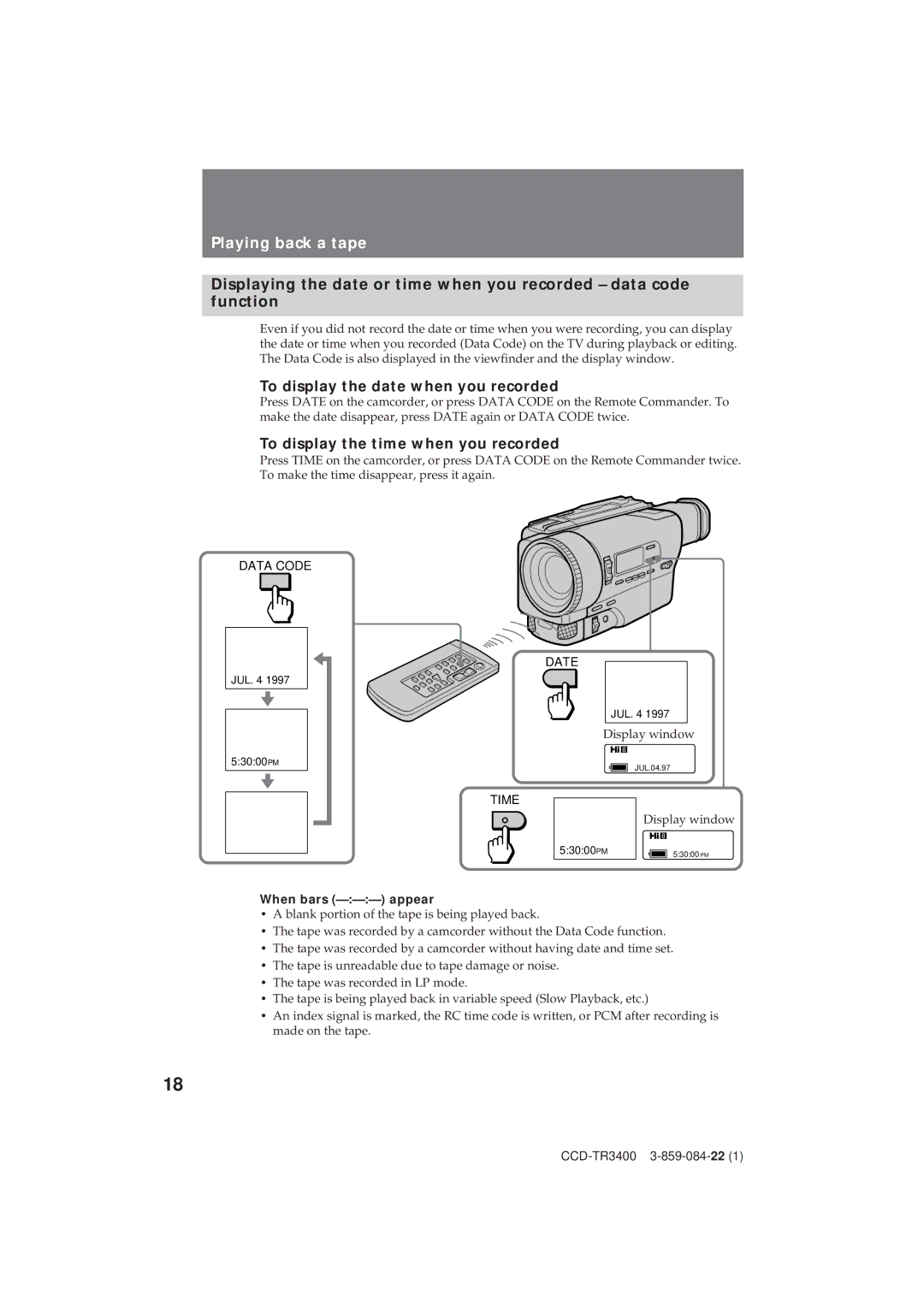 Sony CCD-TR3400 To display the date when you recorded, To display the time when you recorded, When bars ------ appear 