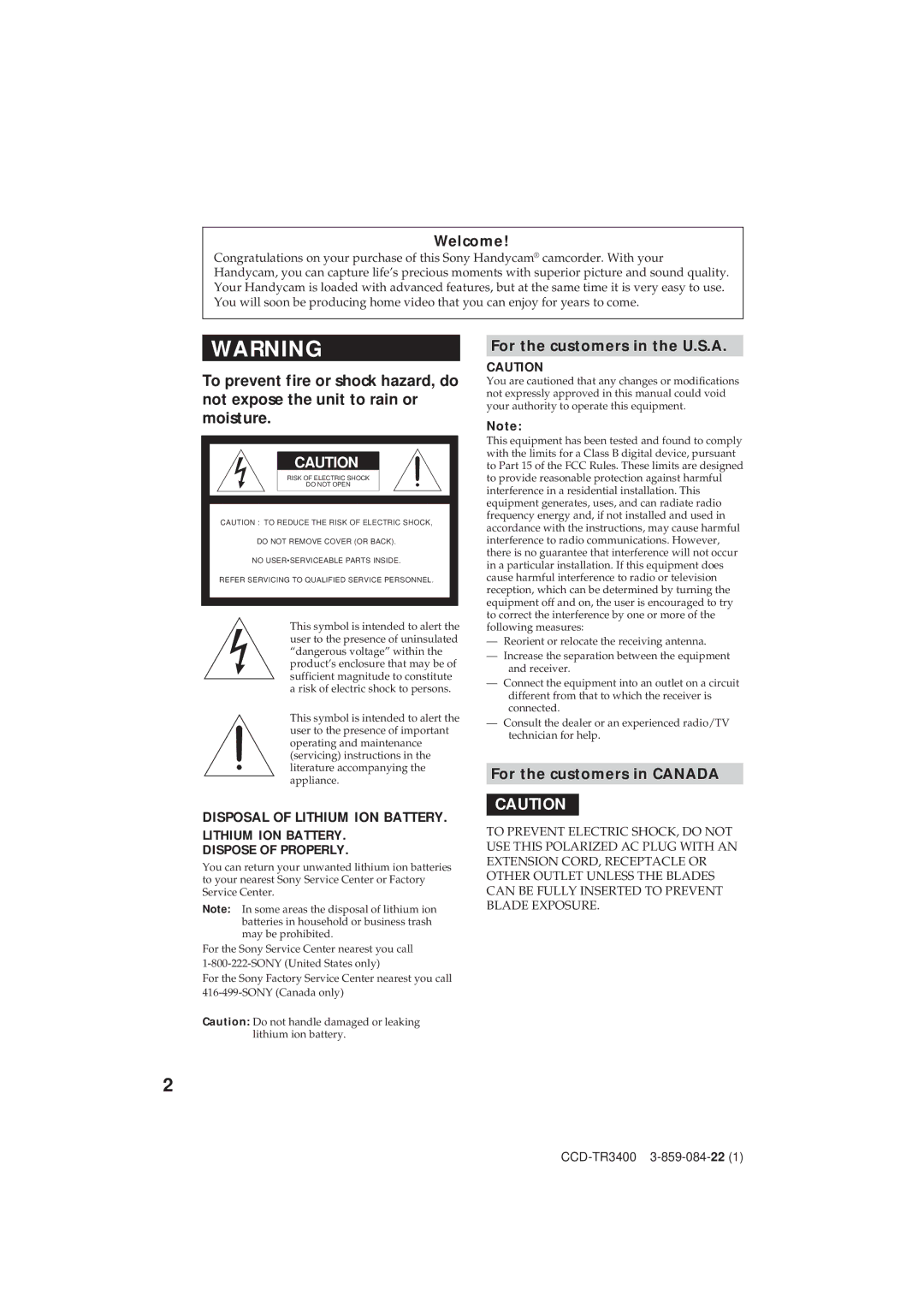 Sony CCD-TR3400 operating instructions Welcome, For the customers in the U.S.A, For the customers in Canada 