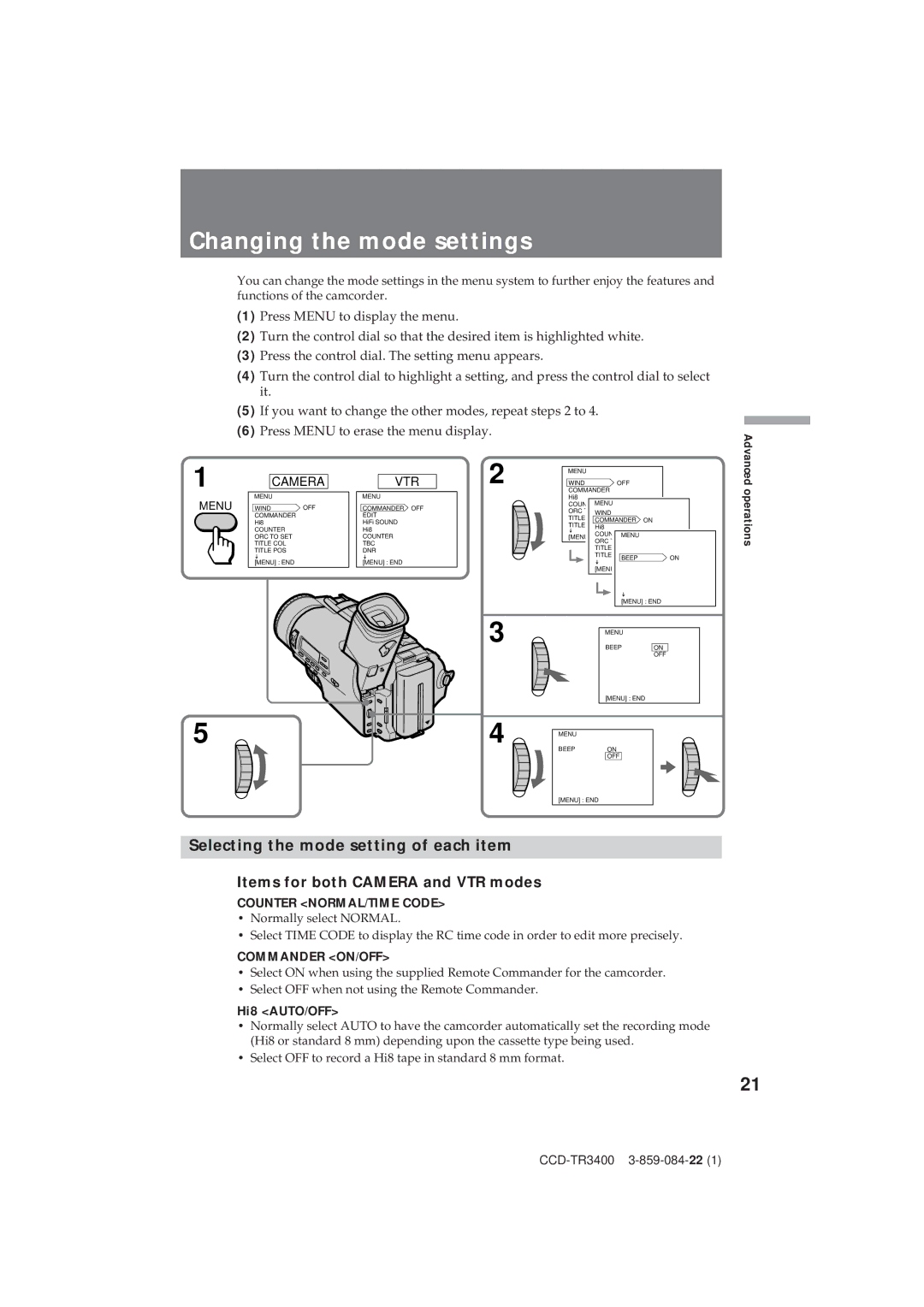 Sony CCD-TR3400 operating instructions Changing the mode settings, Hi8 AUTO/OFF 