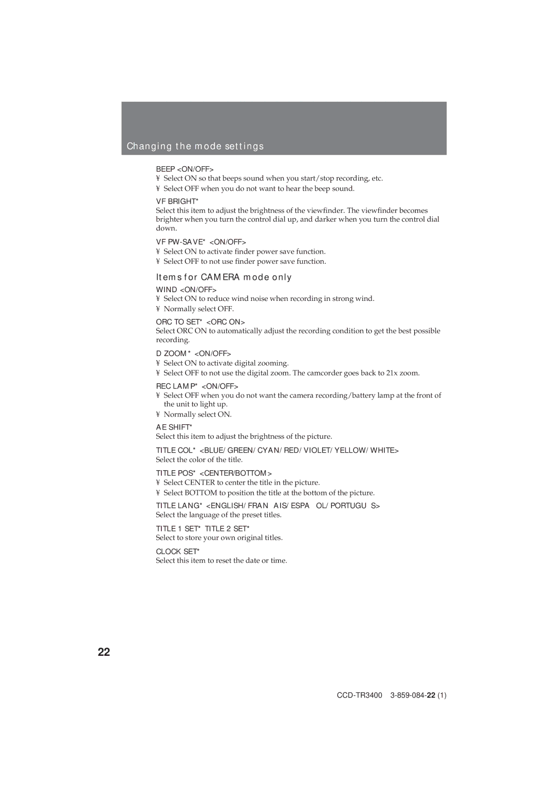 Sony CCD-TR3400 operating instructions Changing the mode settings, Items for Camera mode only 