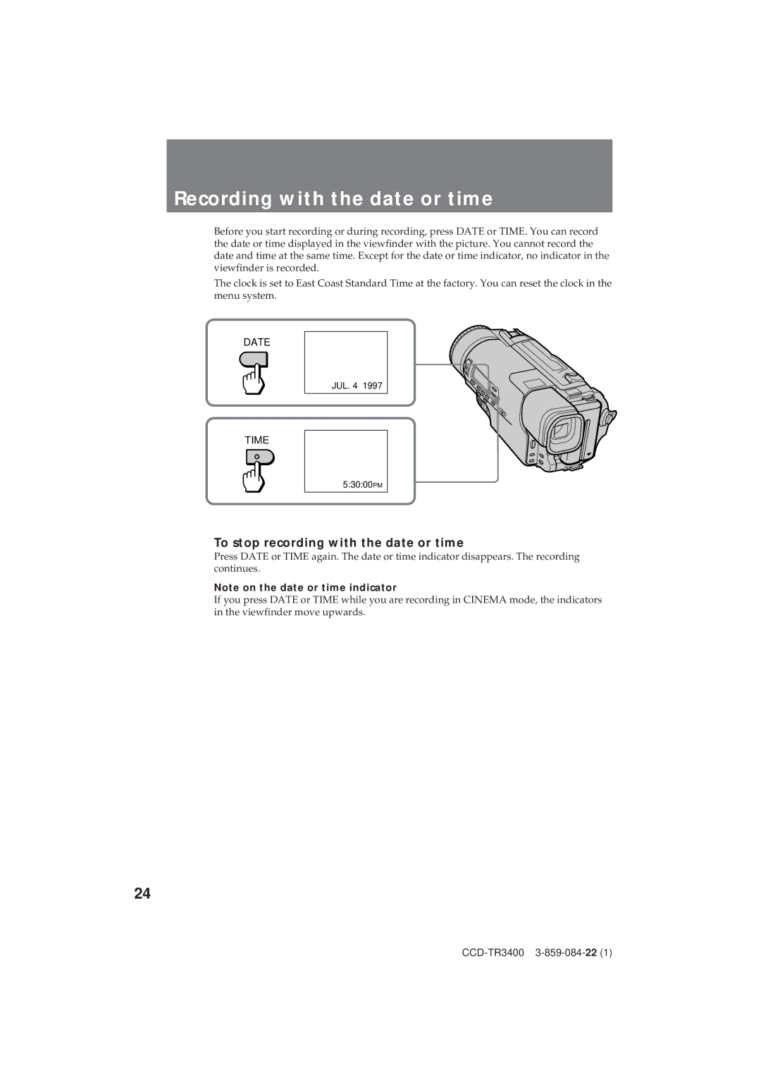 Sony CCD-TR3400 operating instructions Recording with the date or time, To stop recording with the date or time 