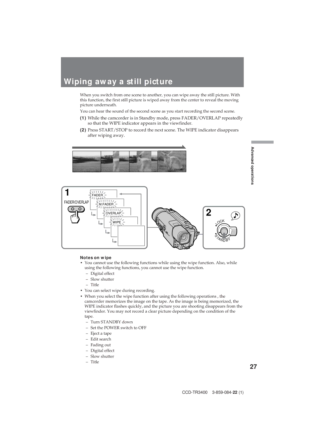 Sony CCD-TR3400 operating instructions Wiping away a still picture 