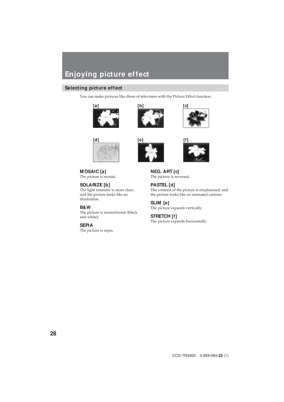 Sony CCD-TR3400 operating instructions Enjoying picture effect 