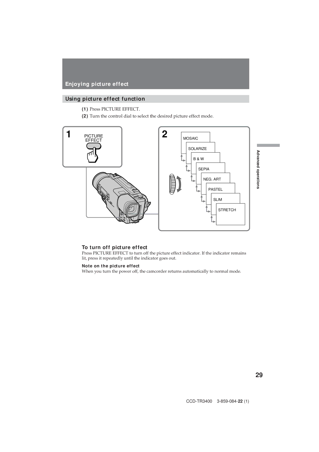 Sony CCD-TR3400 operating instructions Enjoying picture effect, Using picture effect function, To turn off picture effect 