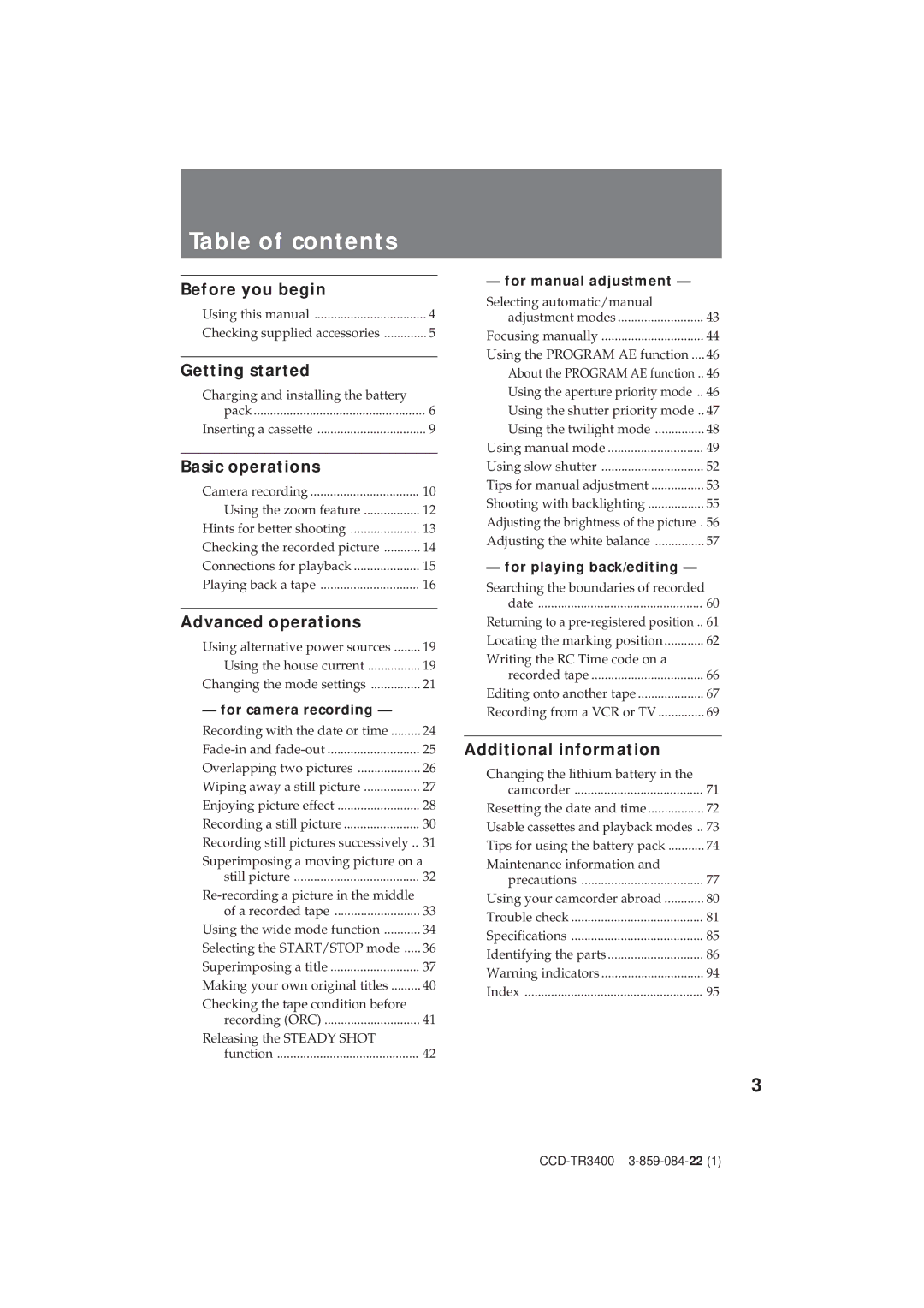 Sony CCD-TR3400 operating instructions Table of contents 